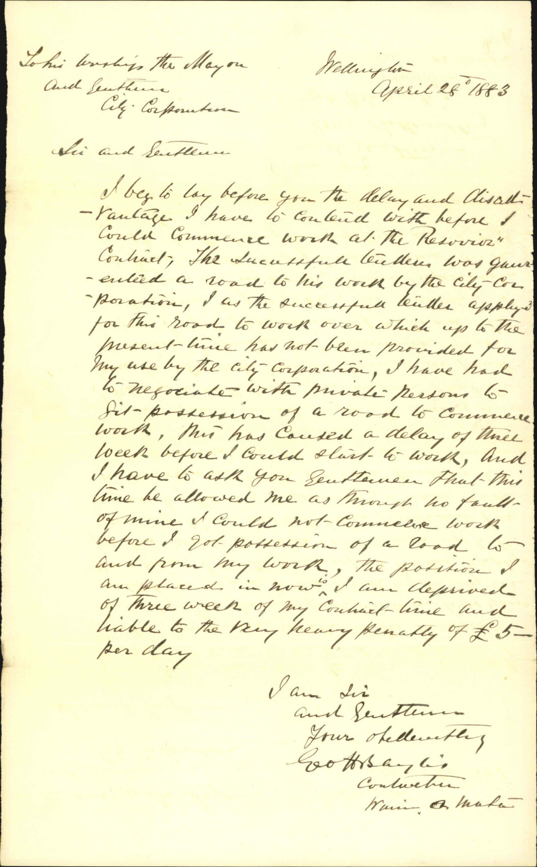 Delay in commencing his drain contract at Wainuiomata - G H Baylis