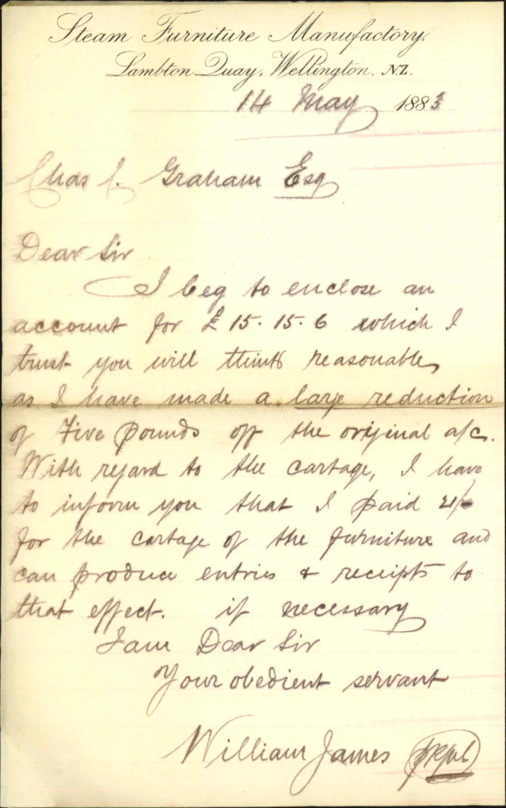 Forwarding account for lease of furniture - William James