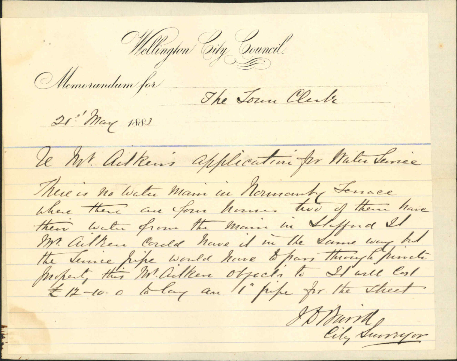 Application for water service in Normanby Terrace - A O Aitken