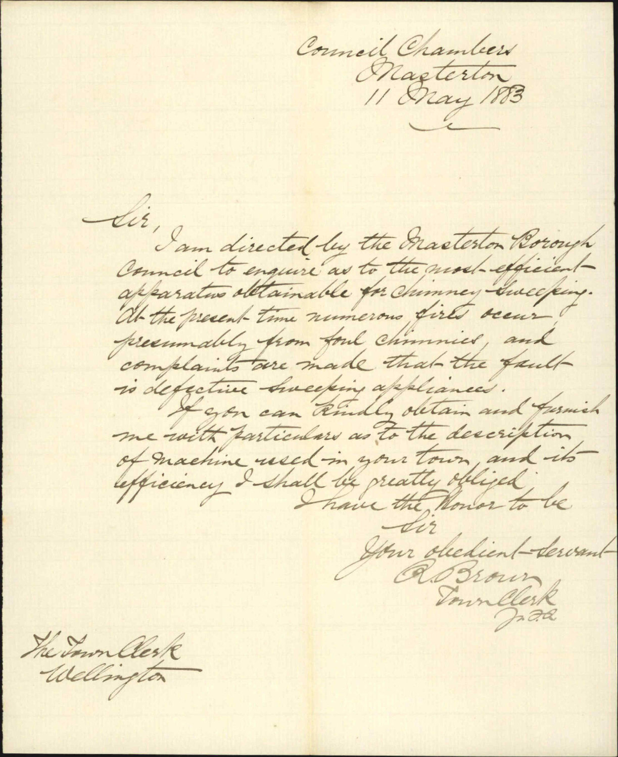 Enquiries as to chimney sweeping apparatus in vogue in Wellington - Town Clerk Masterton