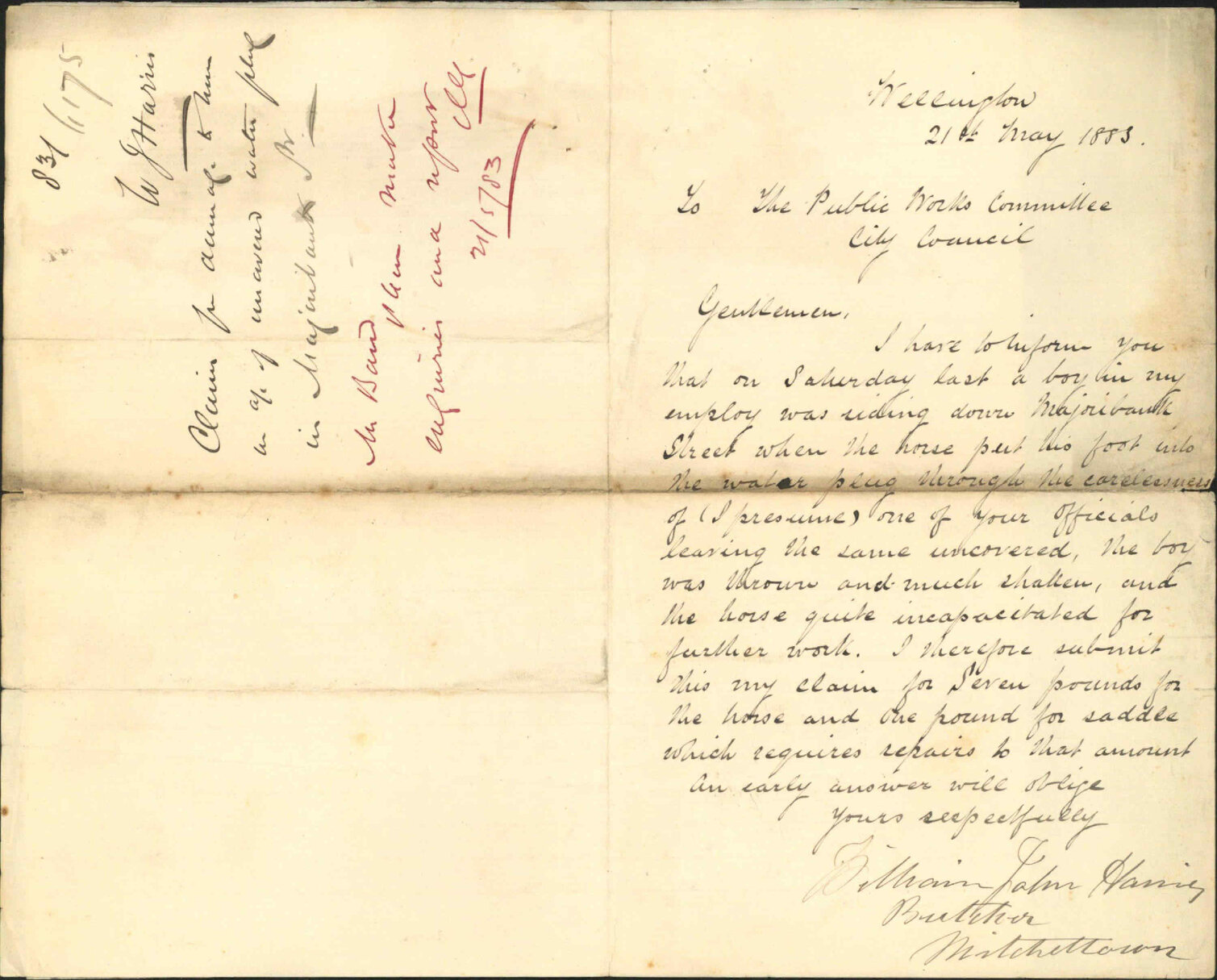 Claim for damage to horse in account of uncovered water plug in Marjoribanks Street - W J Harris