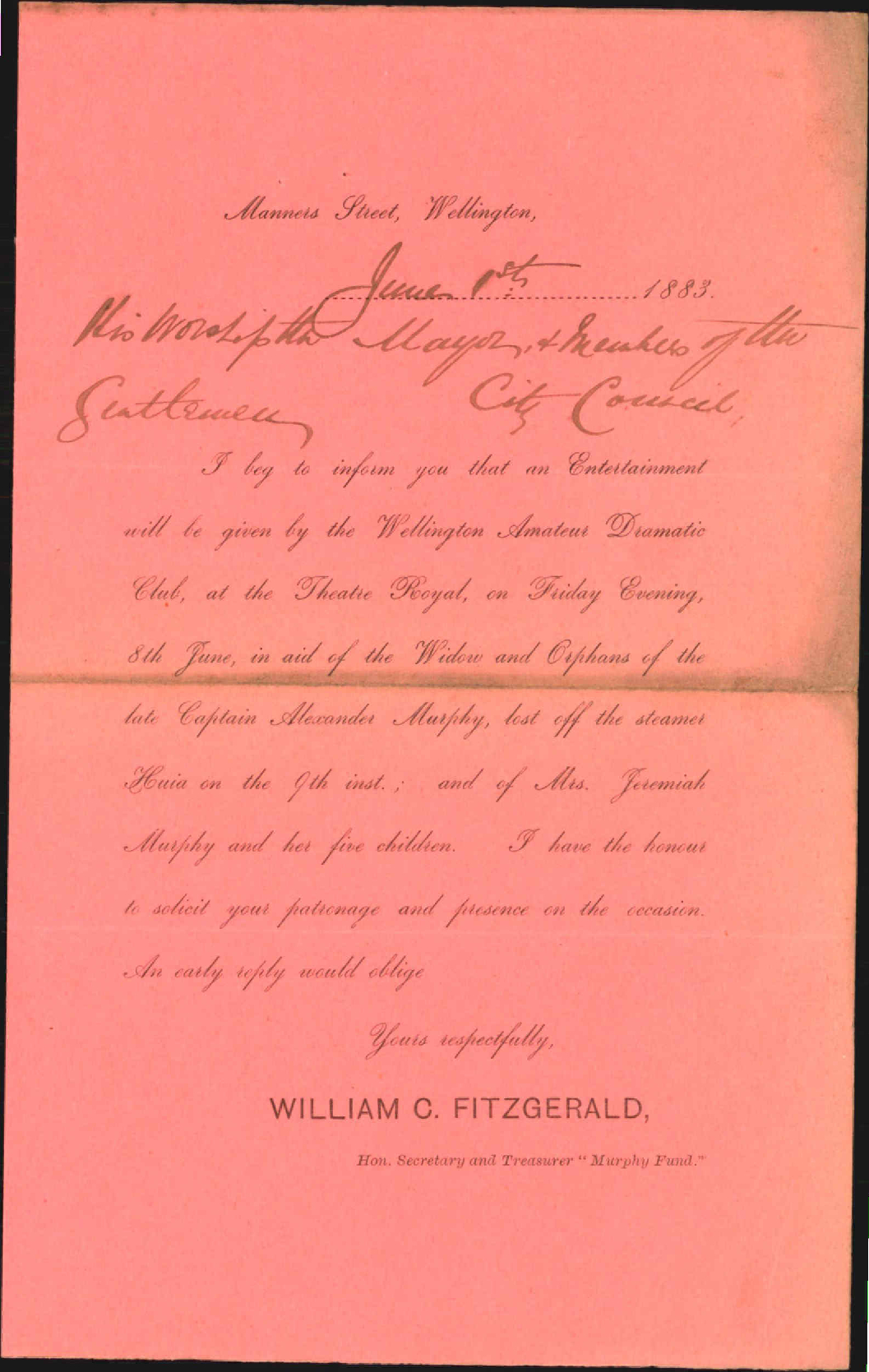 Asking patronage of Council, St James - William C Fitzgerald, Hon Secretary and Treasurer, Murphy Fund