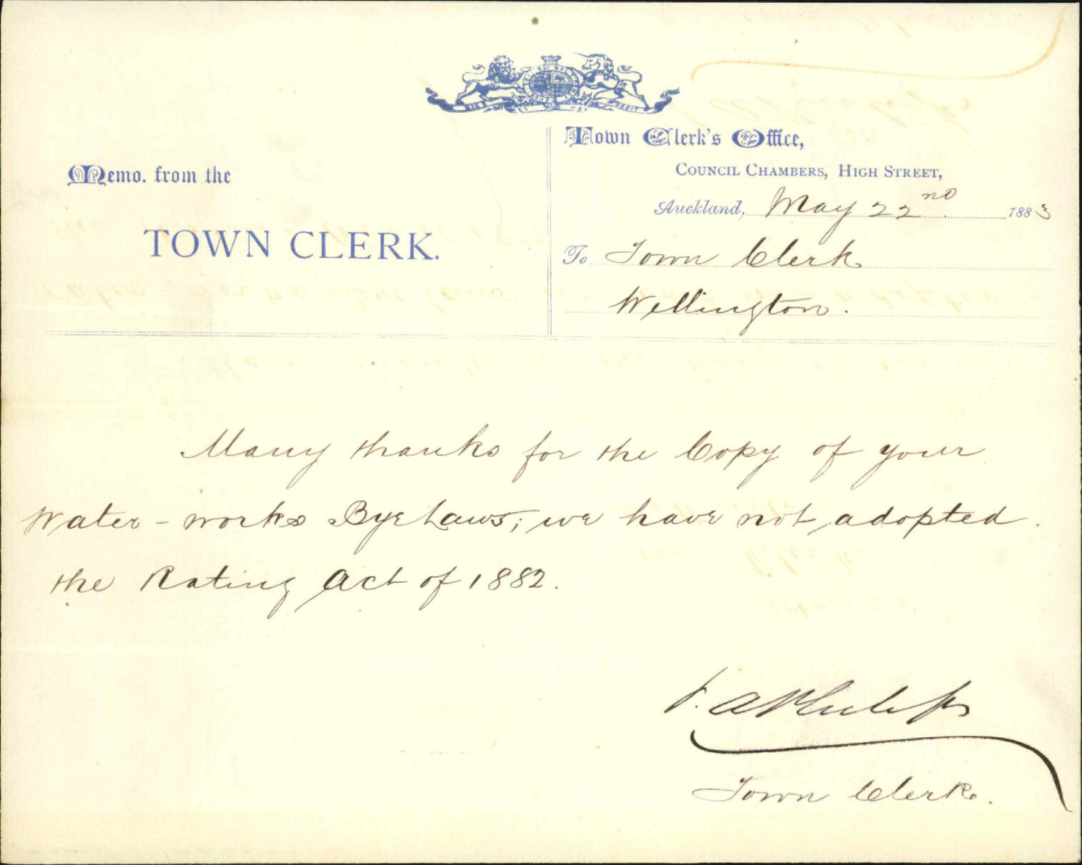 Have not adopted Rating Act 1882 - Town Clerk Auckland