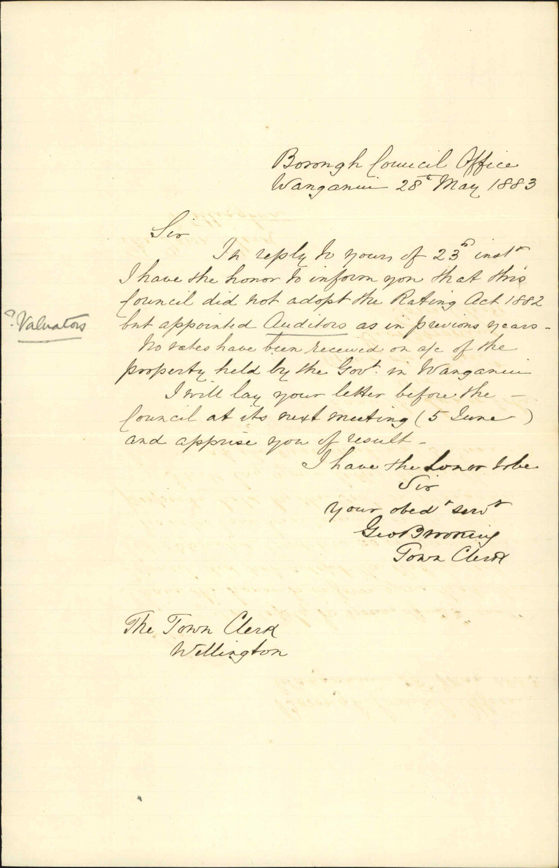 Not adopted the Rating Act 1882 - Town Clerk Wanganui