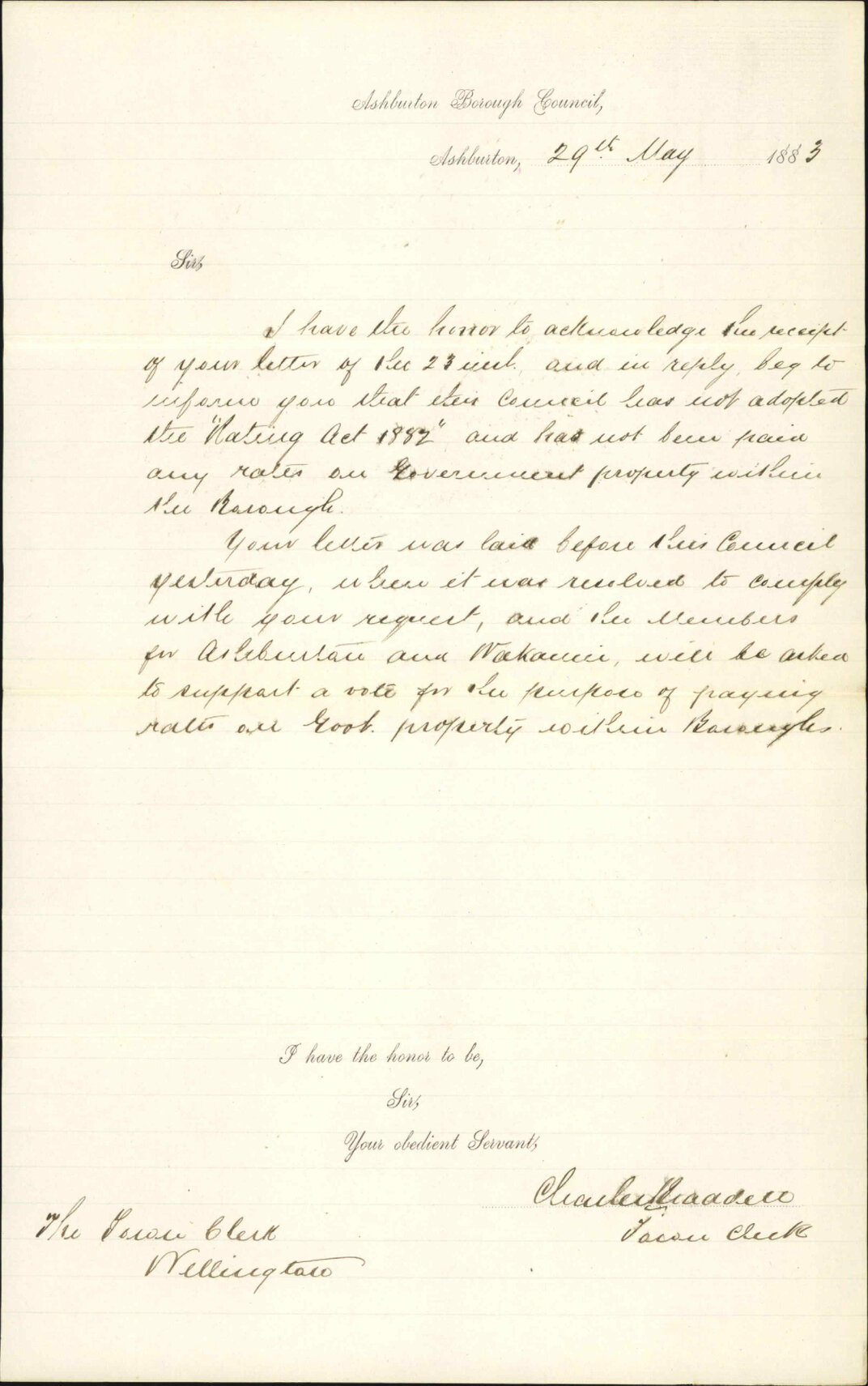 Not adopted Rating Act 1882 - Town Clerk Ashburton