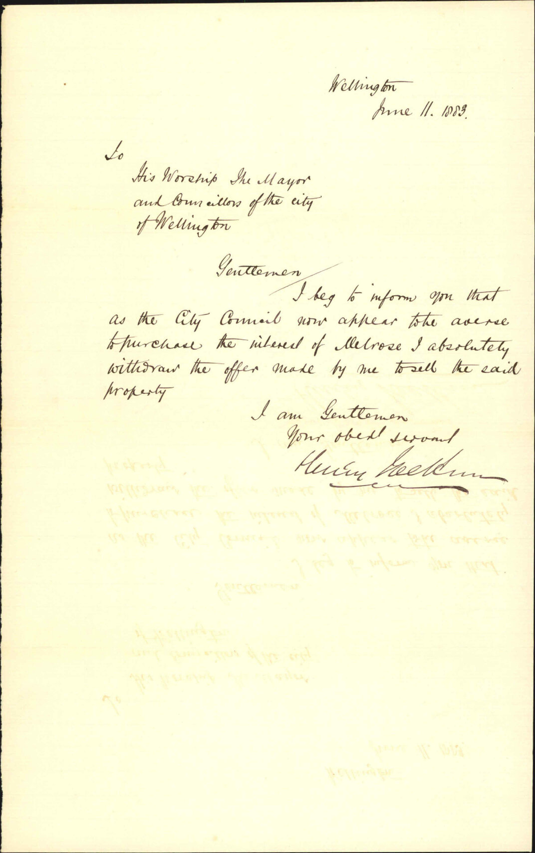 Withdrawing his offer of the Melrose property for sale in certain terms - Henry Jackson