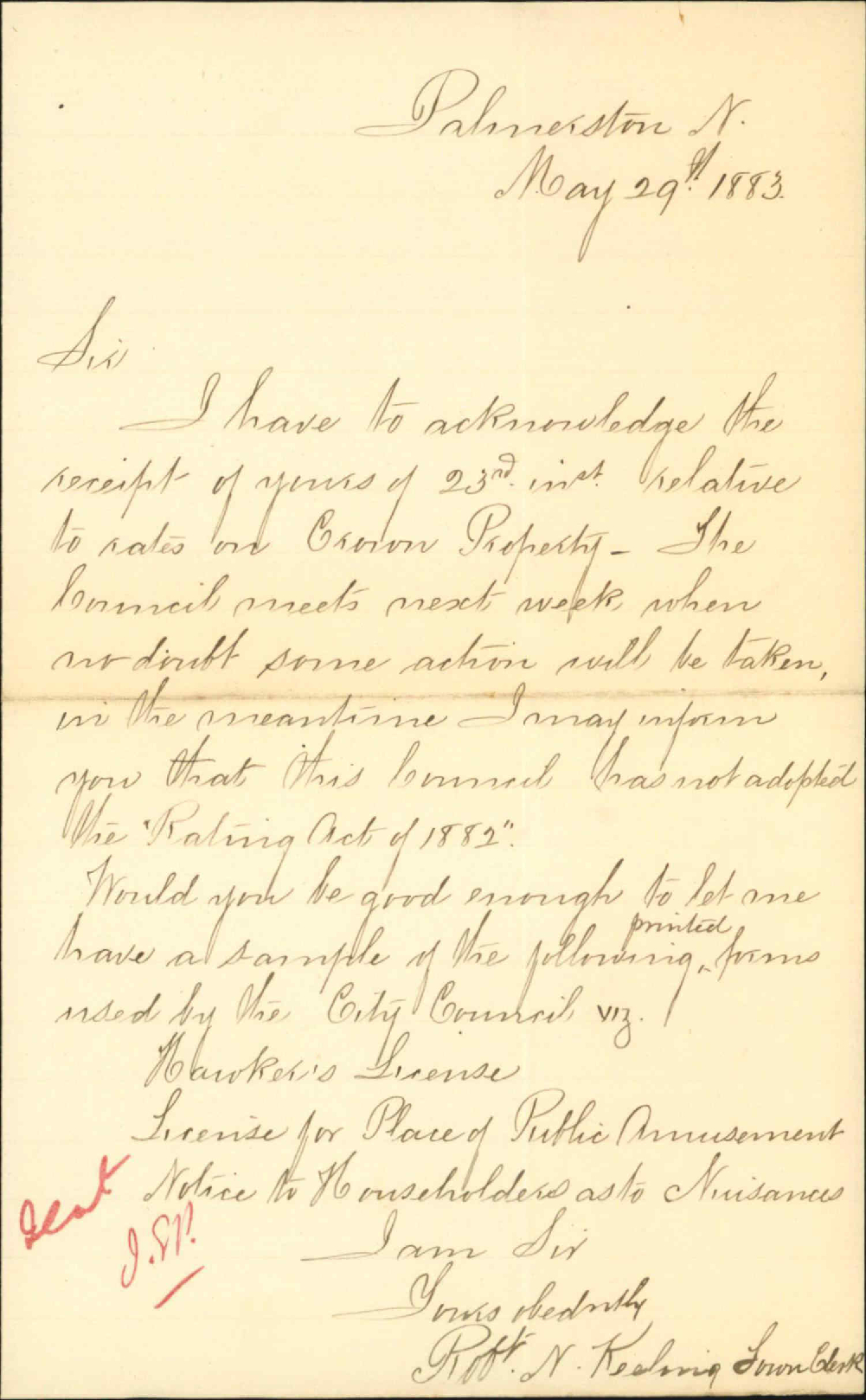 Not adopted rating act 1882 and asking for certain forms - Town Clerk Palmerston North