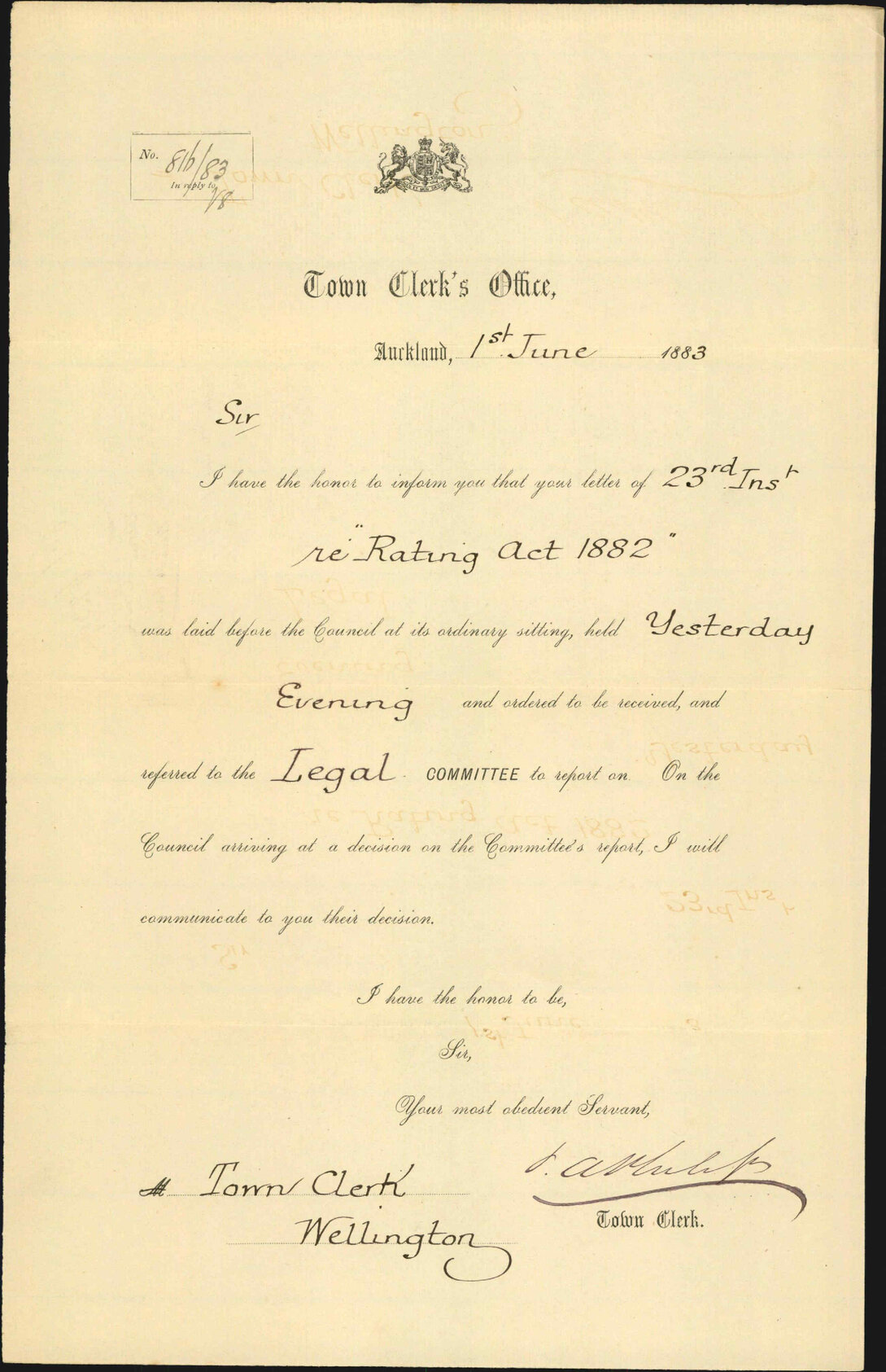 Asking receipt of letter regarding Crown Lands rating - Town Clerk Auckland