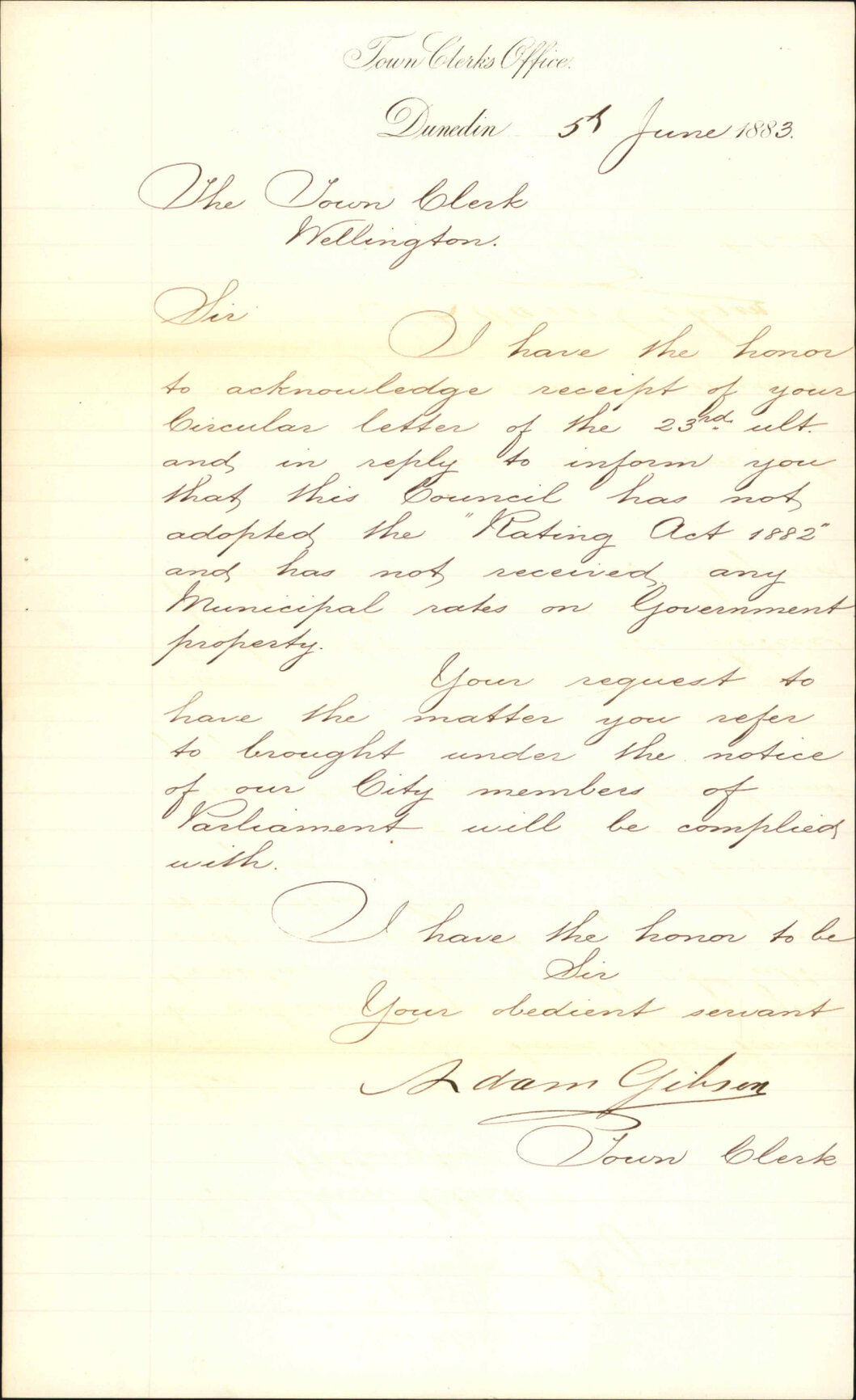 Crown Lands Rating Act 1882, not adopted - Town Clerk Dunedin