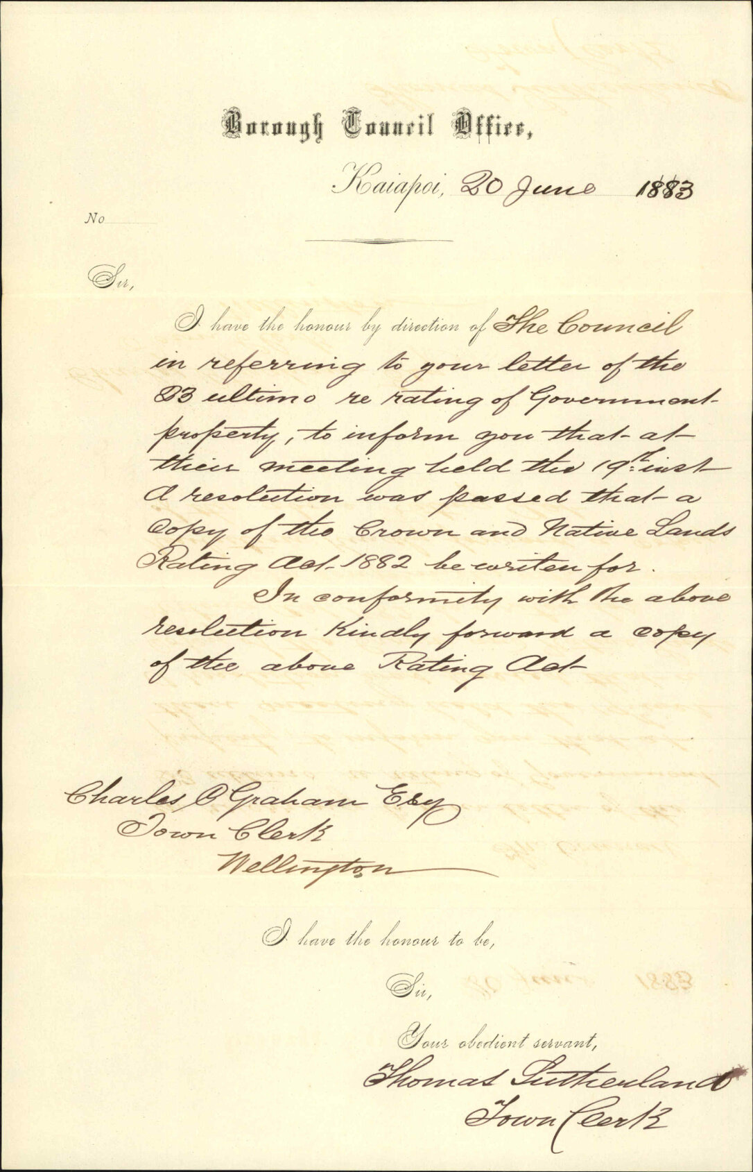 Crown Lands Rating Act 1882 - Town Clerk Kaiapoi