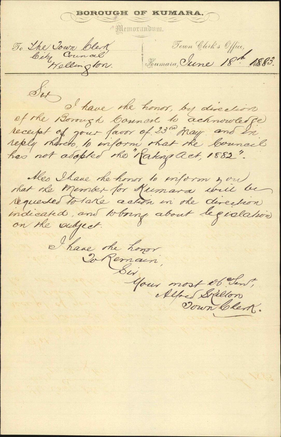 Crown Lands Rating Act 1882 - Town Clerk Kumara