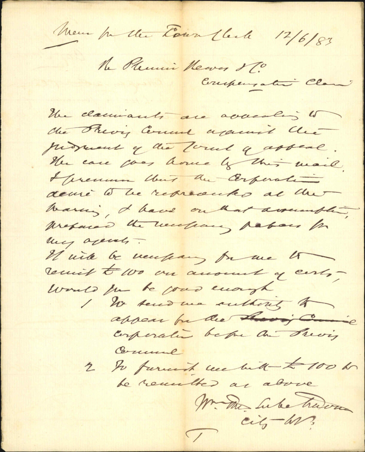 Asking for authority to charge &pound;100 pounds for prosecution of case of plimmer reeves in the privy council - City Solicitor