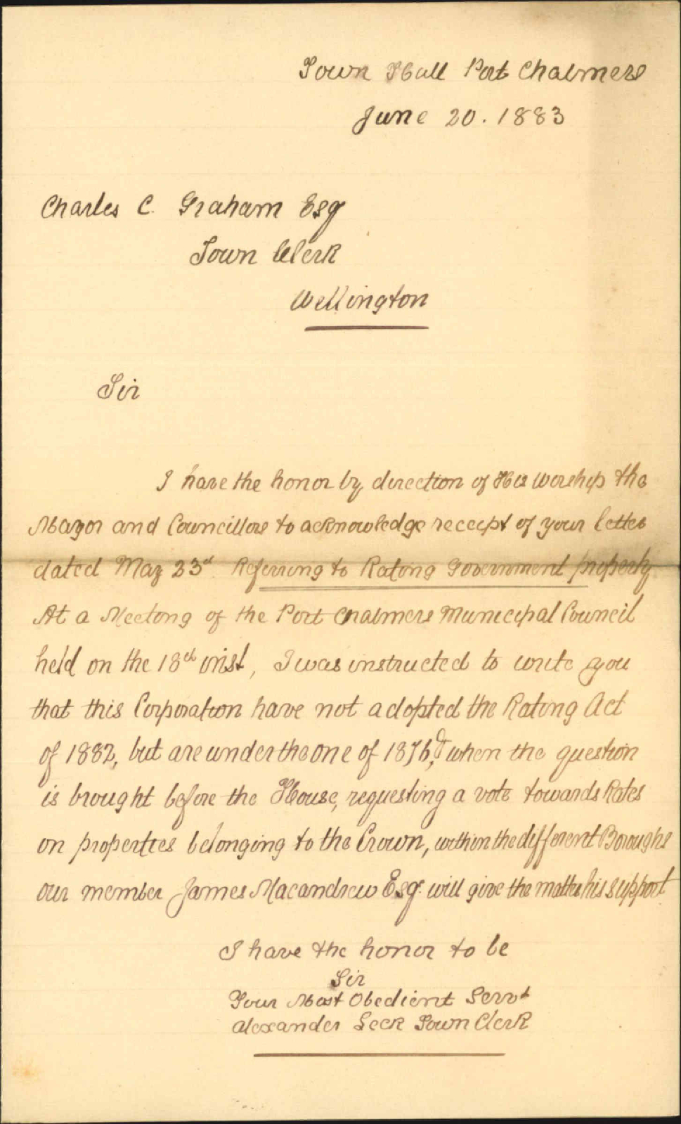 Crown Lands Rating Act 1882 - Town Clerk Port Chalmers