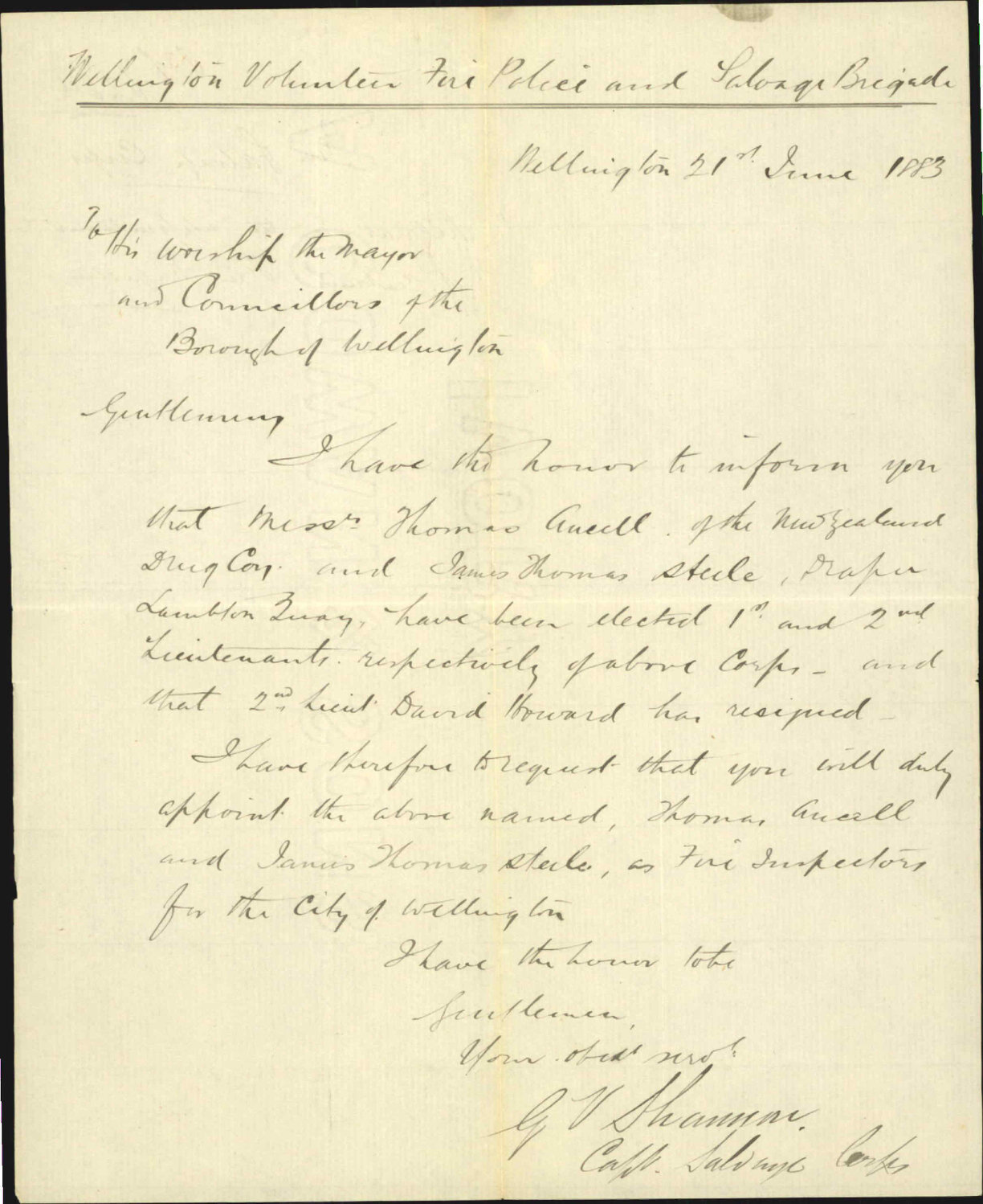 Request for the appointment of certain Fire Inspectors - Wellington Volunteer Fire Police and Salvage Brigade