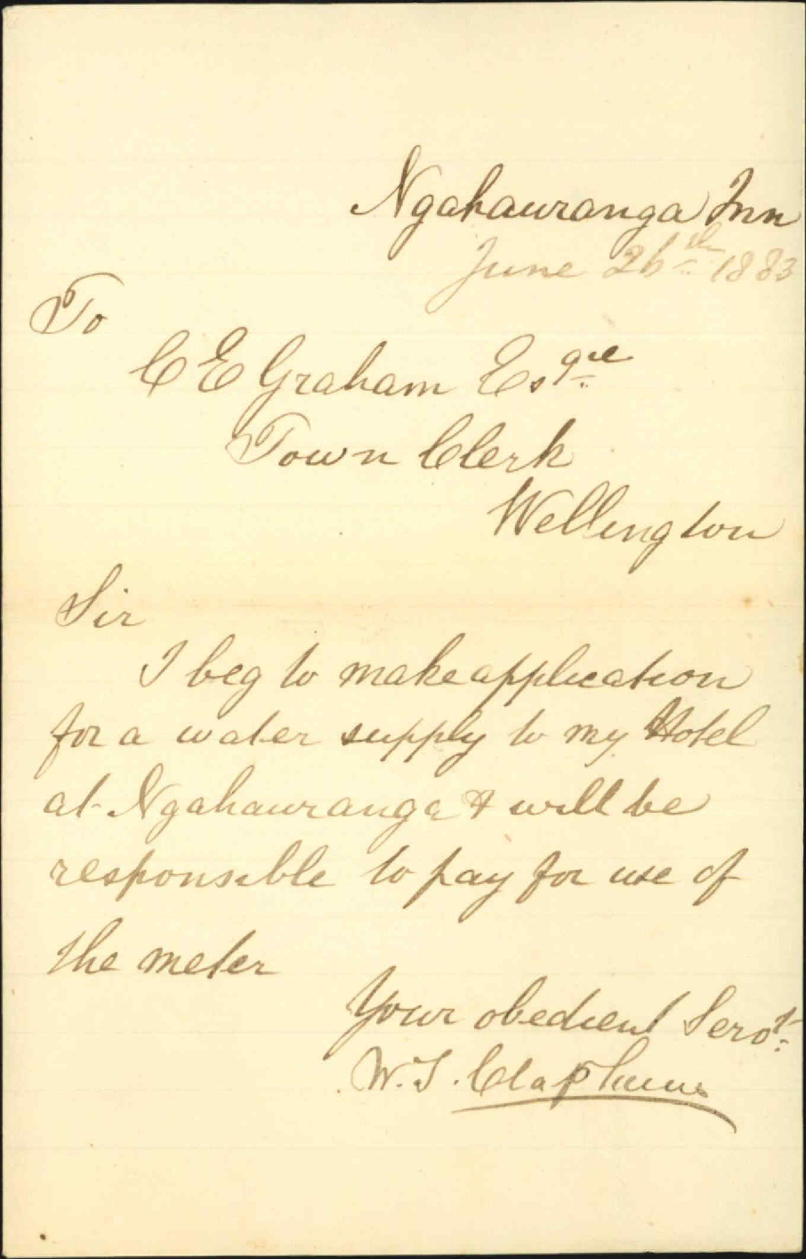 Application for water service at Ngahauranga [Ngauranga] - W J Clapham