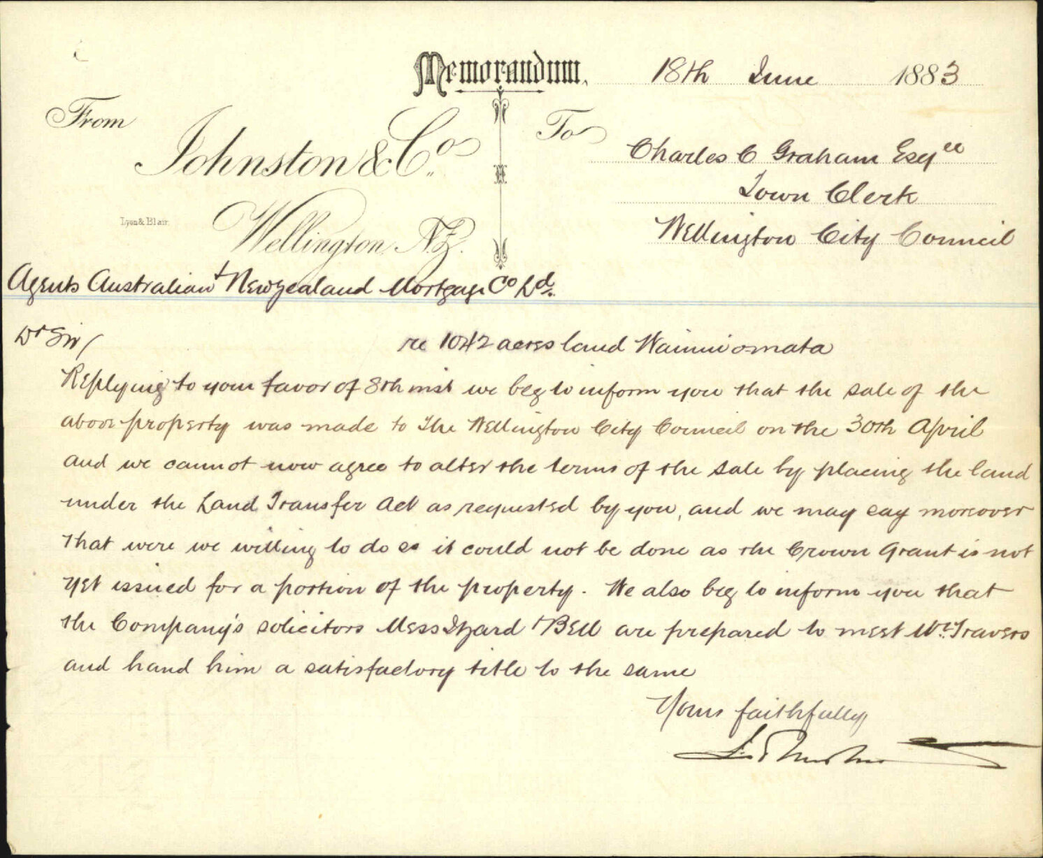 Purchase of part of Wainuiomata watershed - Johnston &amp; Co