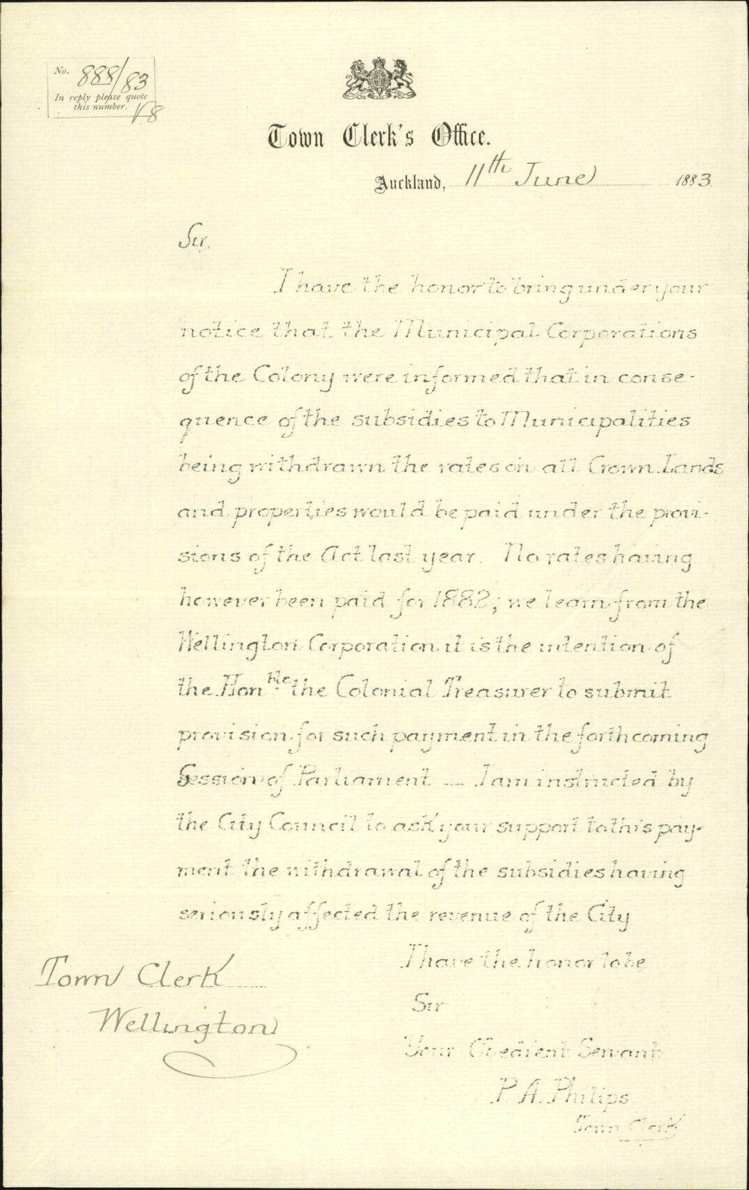 Crown Lands Rating Act 1882, letter to members for the district - Town Clerk Auckland