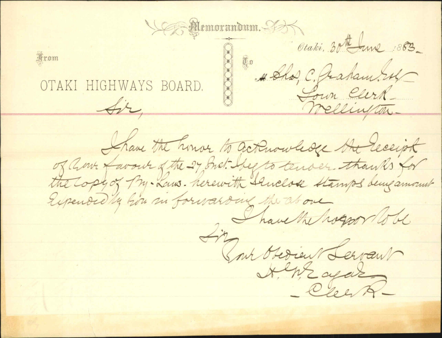 Acknowledging receipt of copy of bylaws - Otaki Highways Board