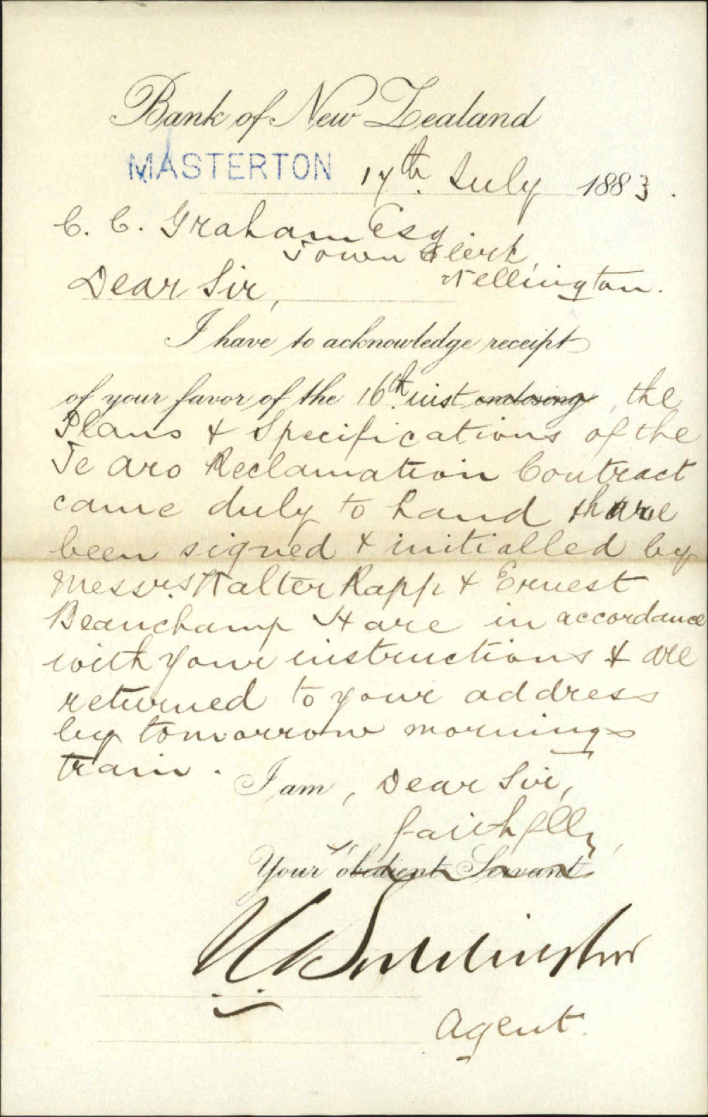 [Plans and specifications for the Te Aro Reclamation have been signed and initialled by Messrs Rapp &amp; Beauchamp] - Bank of New Zealand Masterton