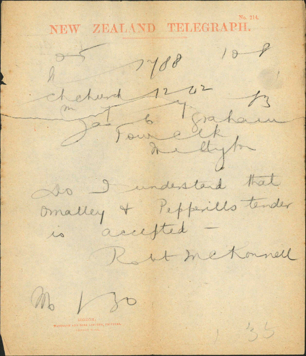 Enquiry as to O'Malley &amp; Pepperell's tender - R McConnell
