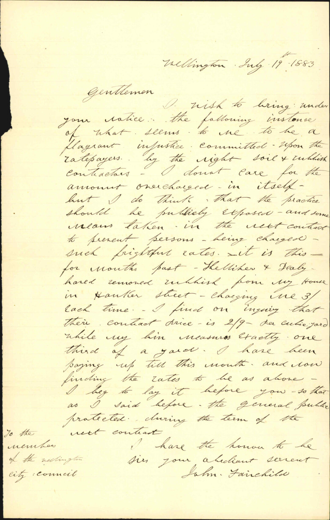 Complaint regarding overcharge by night soil contractor - Captain John Fairchild