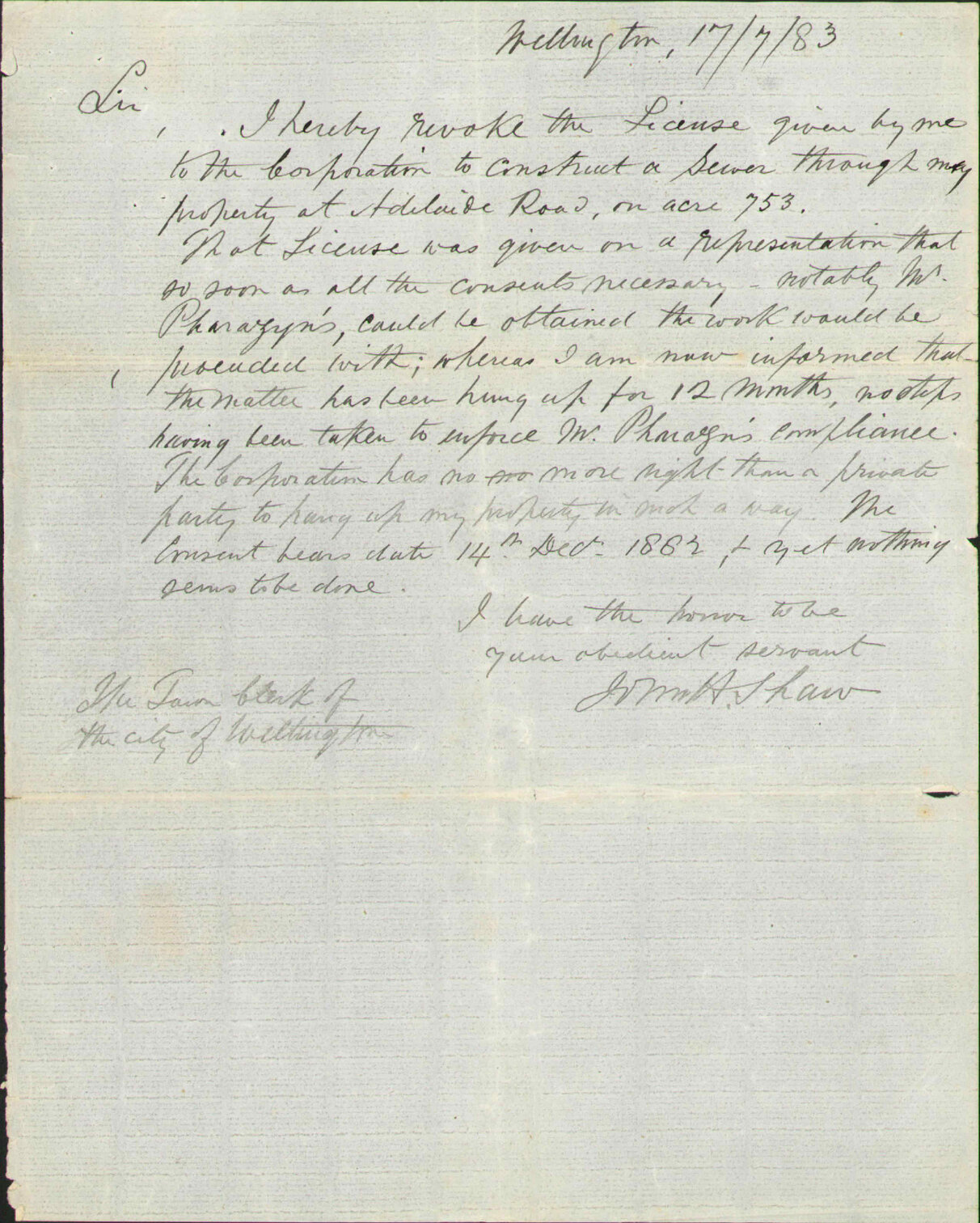 Revoking leave for construction of drain through his property - J H Shaw