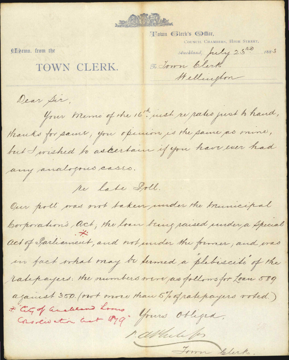 Querying special rates and poll regarding same - Town Clerk Auckland