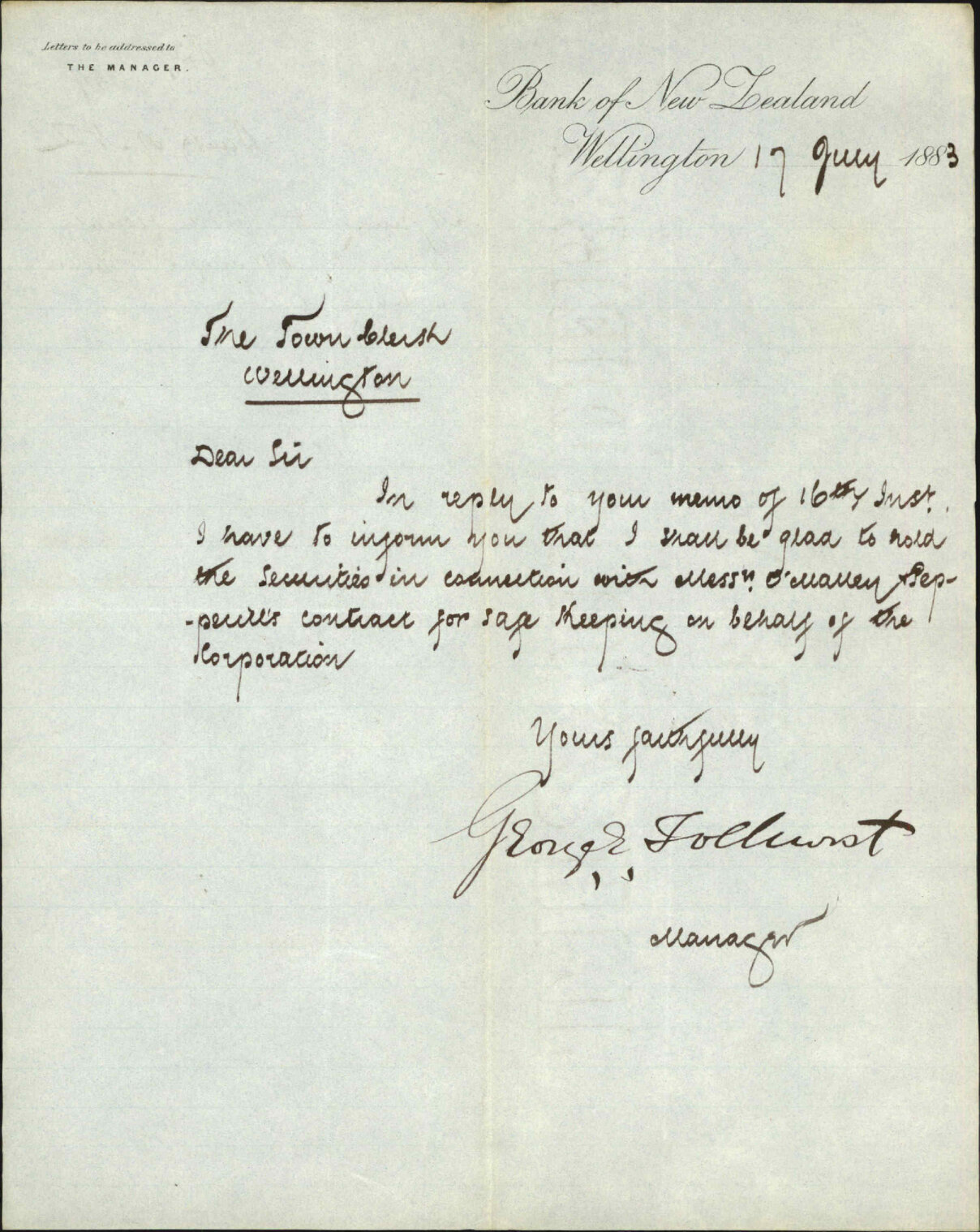 Agreeing to hold securities drafted by O'Malley &amp; Pepperell on behalf of Corporation - Bank of New Zealand