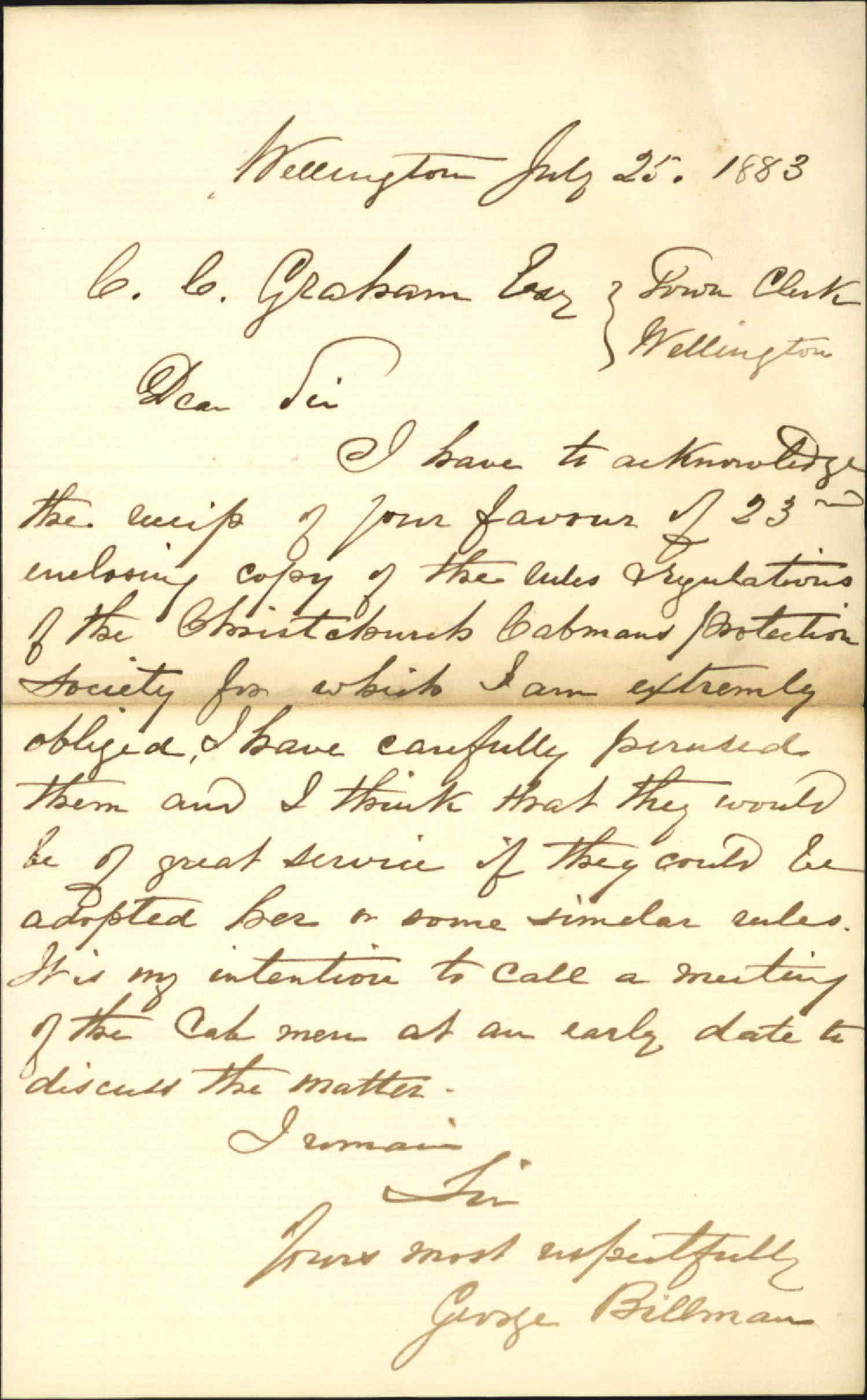 Acknowledging receipt of rules and regulations, Christchurch Cabmans Association - George Bullman