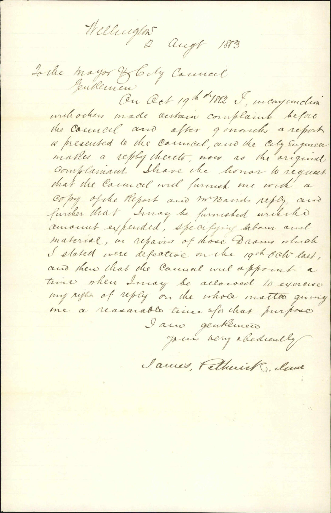 Asking for copies of drainage enquiry report - James Petherick Jr