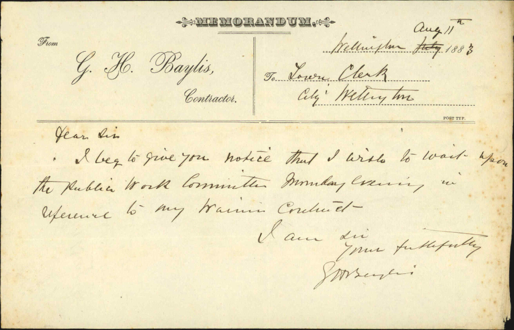 Appears before the Public Works Committee - G H Baylis