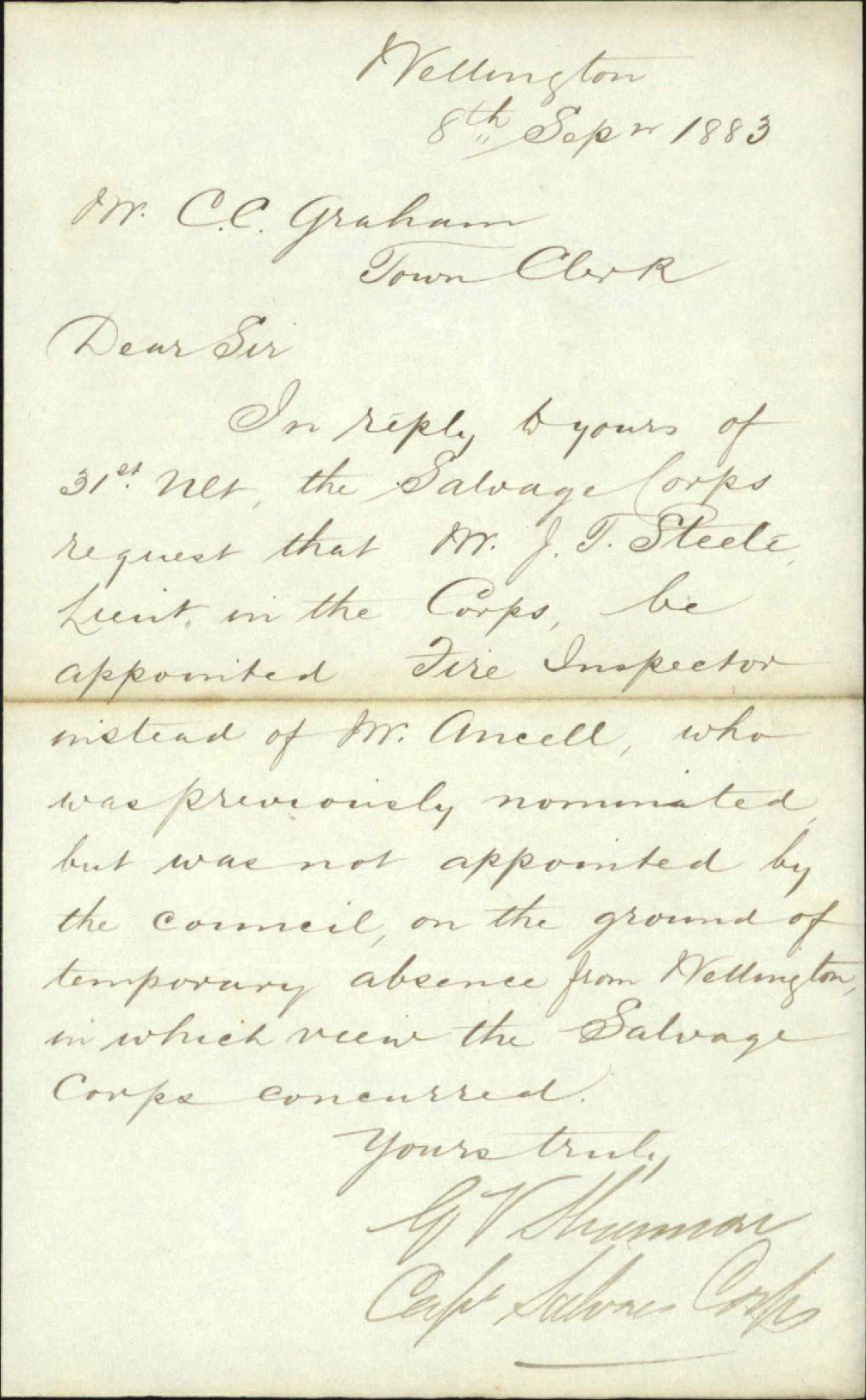 Asking that Lieutenant J T Steele might be appointed Fire Inspector - Fire Salvage Corps