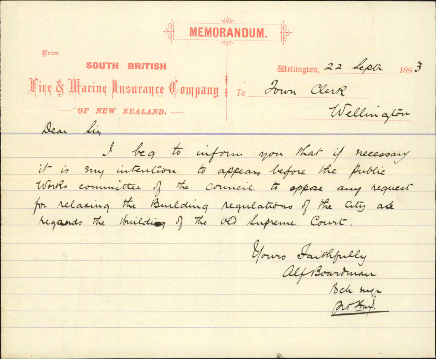 To attend meeting of Public Works Committee regarding alterations to old Supreme Court - Alf Boardman