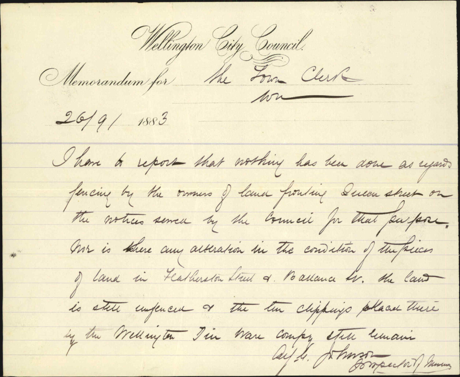 Report as to unfences section, Queen Street and Featherston Street - Inspector of Nuisances