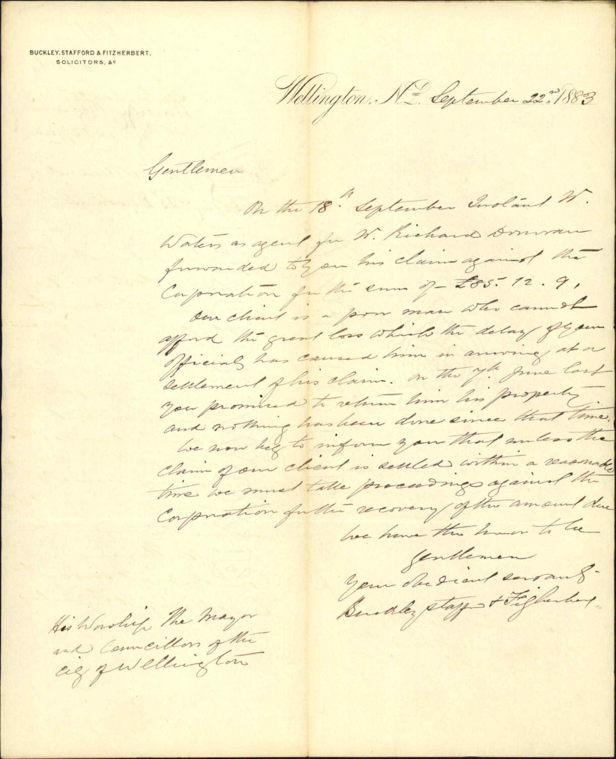 Pressing for settlement of claim by R Donovan - Buckley, Fitzherbert &amp; Stafford