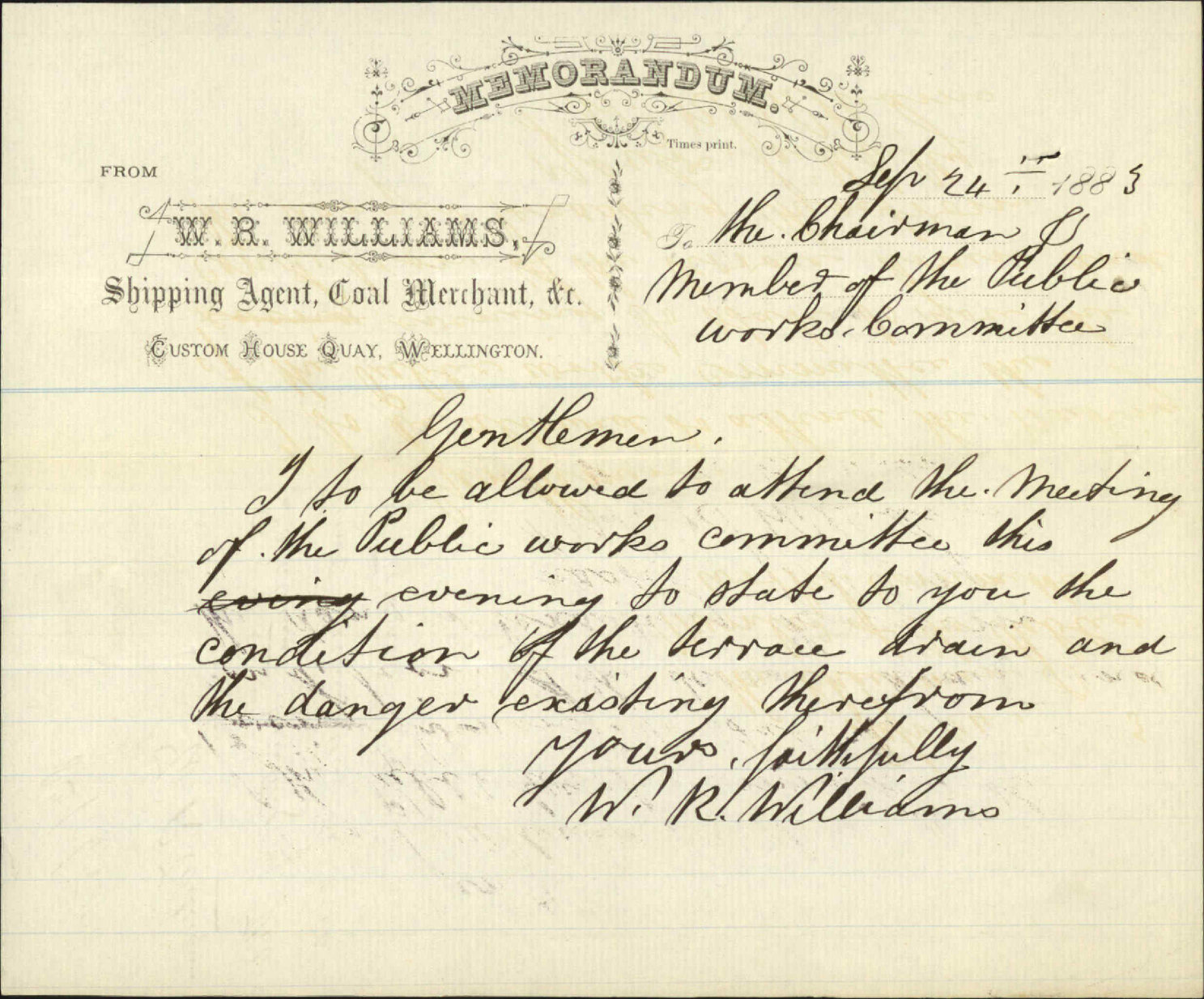 To attend meeting of the public Works Committee regarding state of Terrace Drain - W R Williams