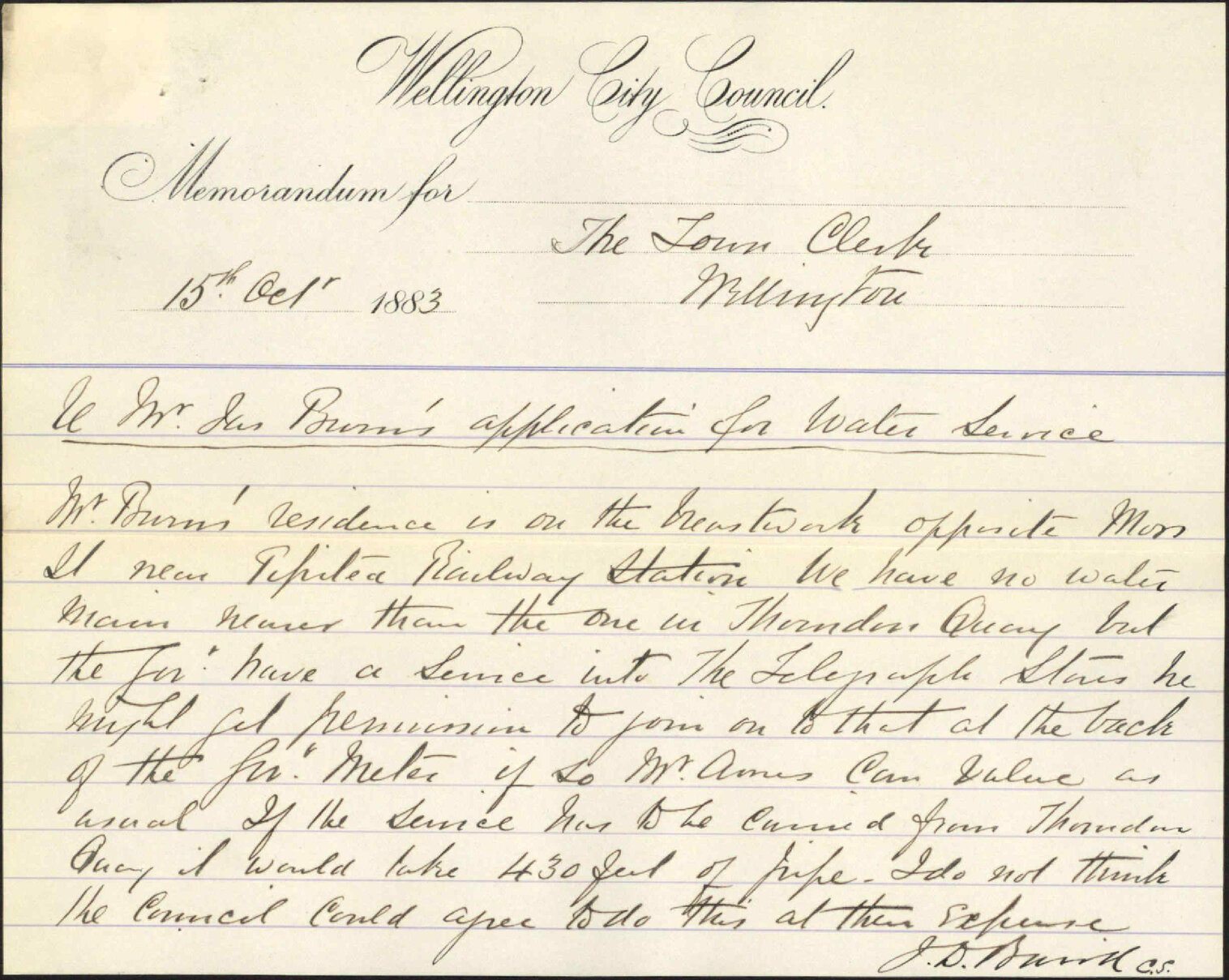 Application for water service in Waterloo Quay - James Burns