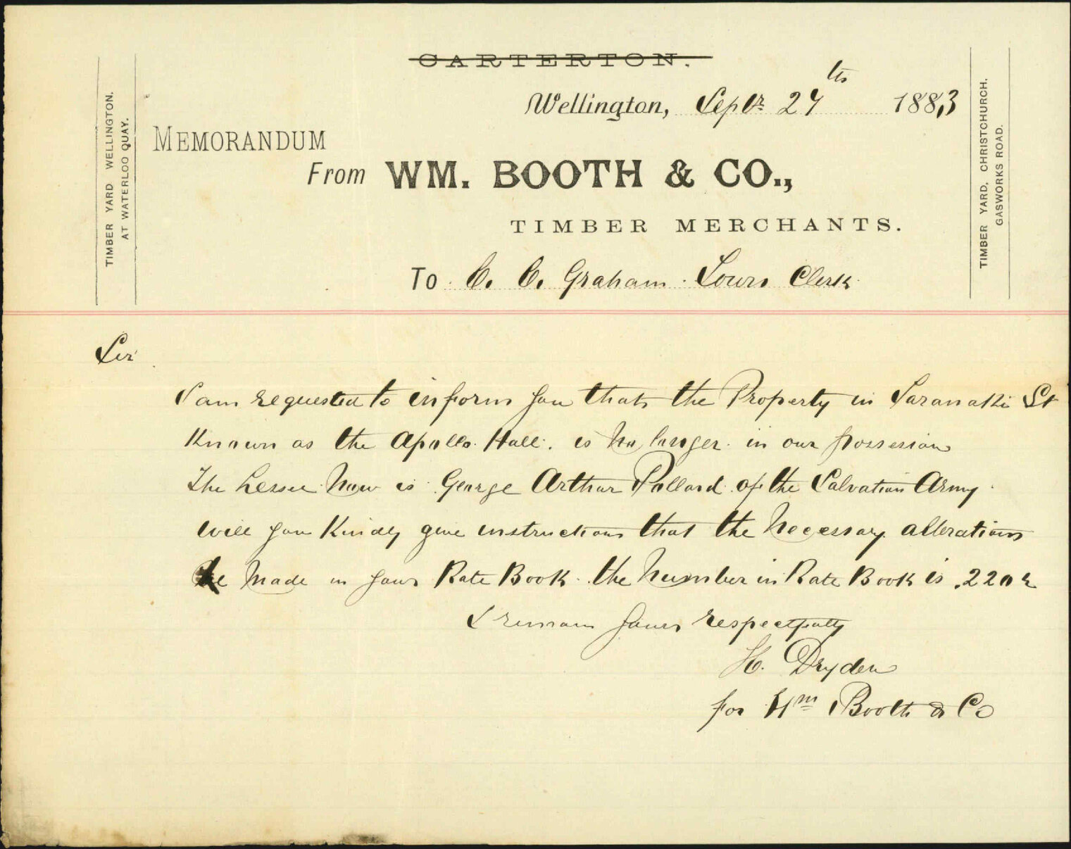 Notice of transfer pf property, Apollo Hall [Taranaki Street] - William Booth &amp; Co