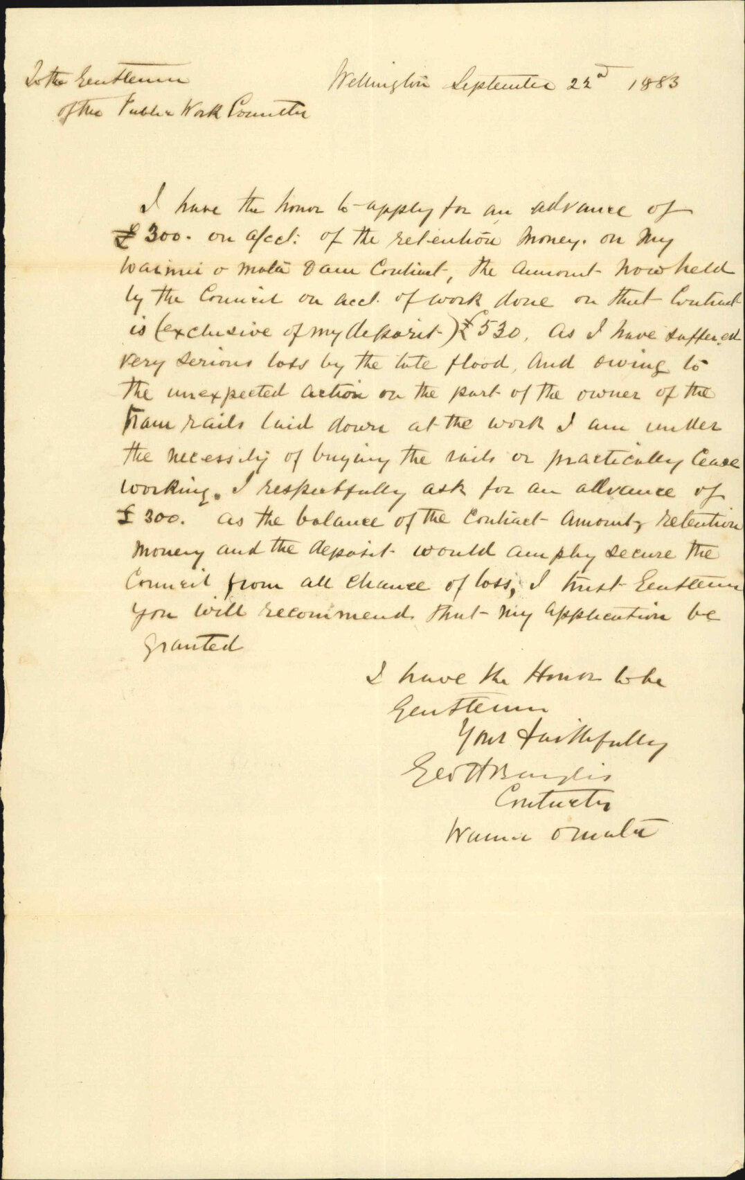 Application for advance of &pound;300 in account of dam contract - G H Baylis