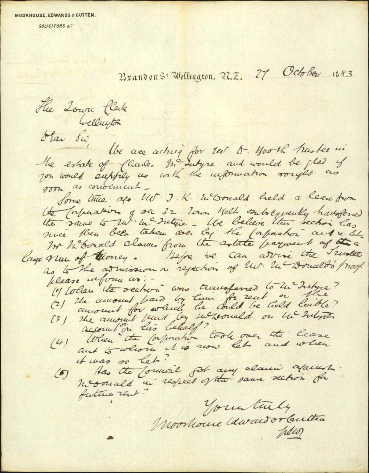 Rent of Town Belt section lease to C McIntyre and J Kennedy MacDonald - Moorehouse, Edwards and Cutten