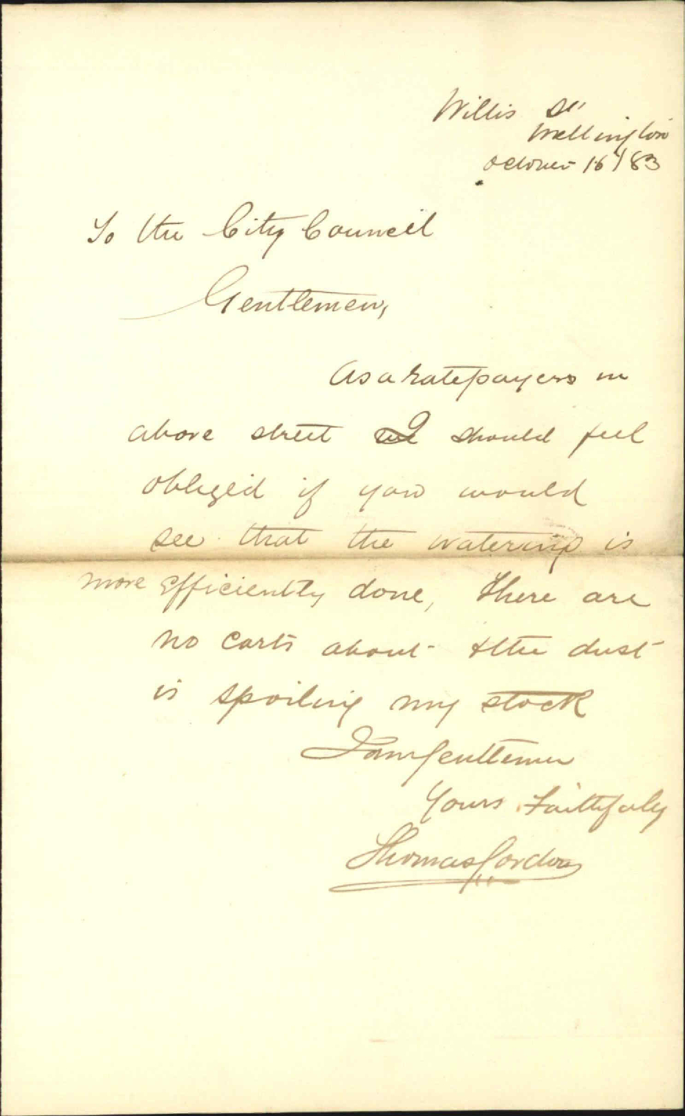 Complaint regarding watering of the streets - Thomas Gordon