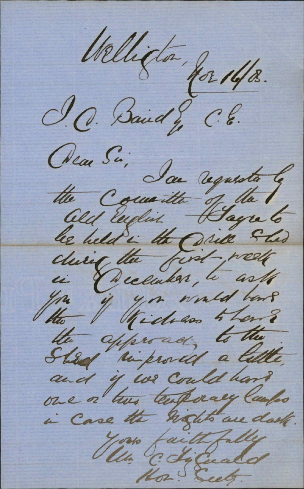 Application for repairs etc to approaches to drill shed on occasion of Old English Fayre - W C Fitzgerald
