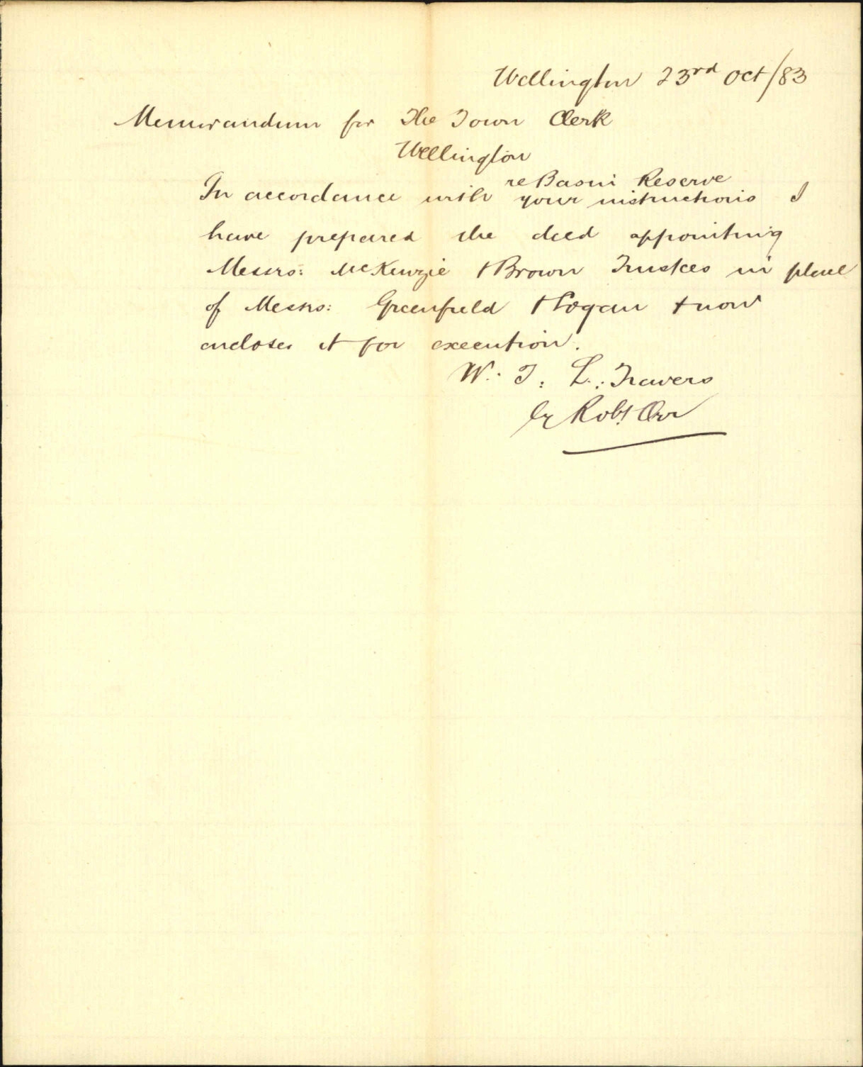 Forwarding transfer of trust, Basin Reserve for execution - City Solicitor