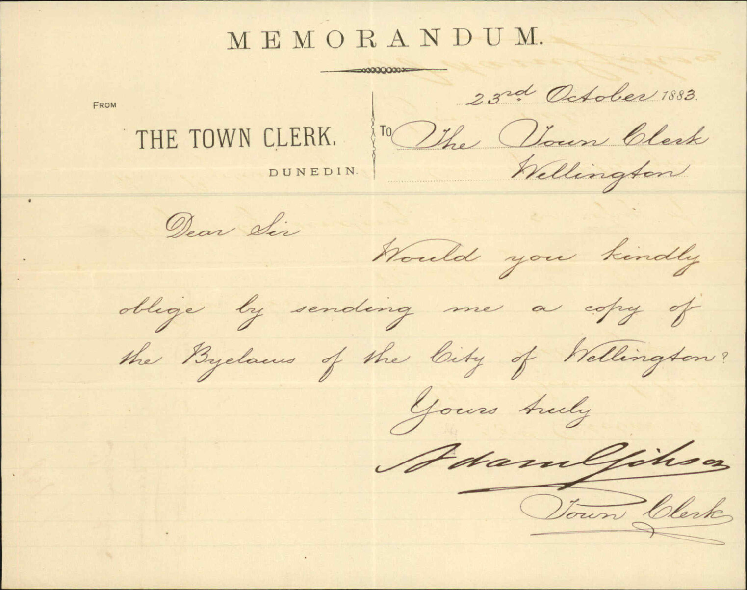 Asking for complete set of city bylaws - Town Clerk Dunedin