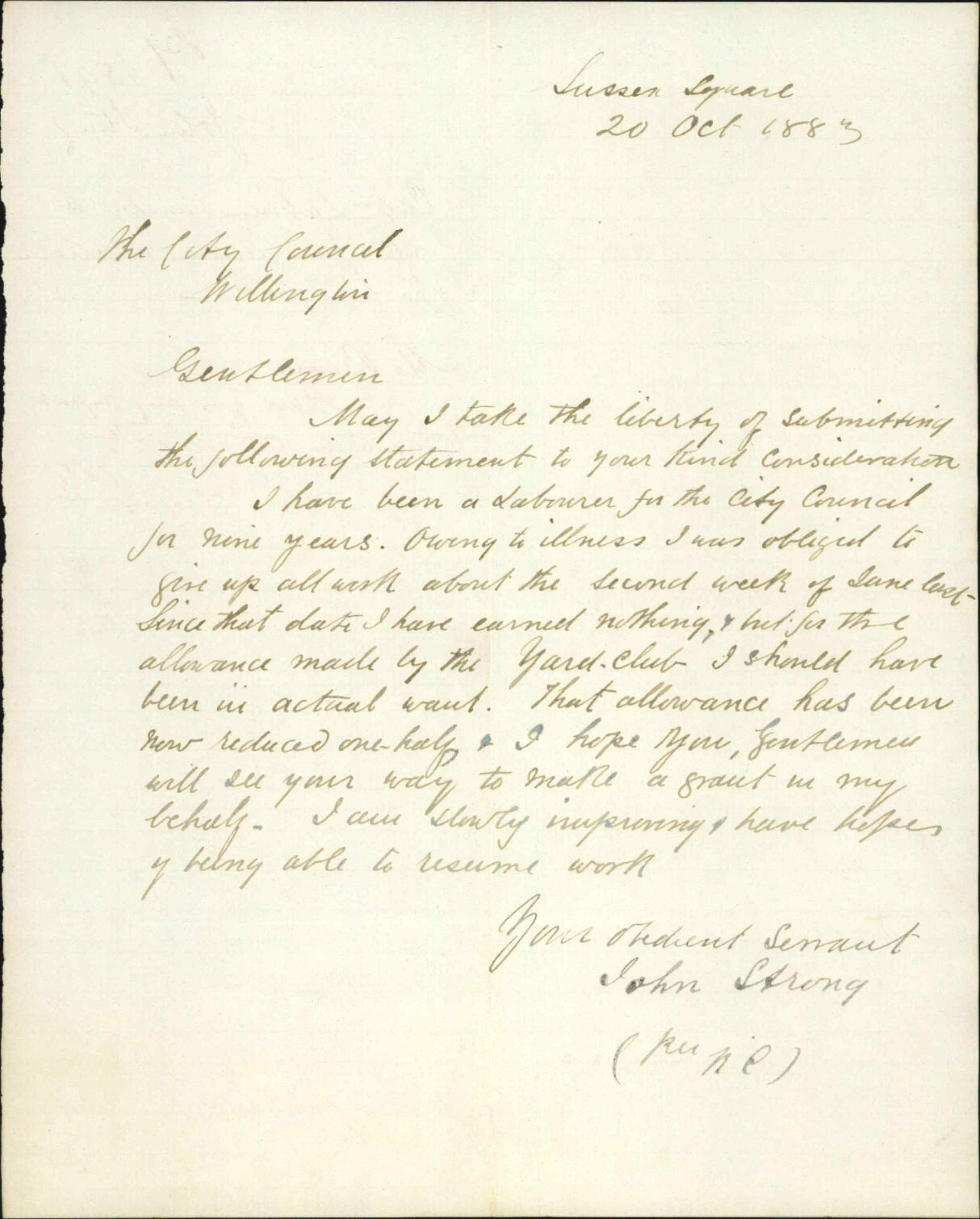 Corporation Labourer unable to work from illness, application for assistance - John Strong