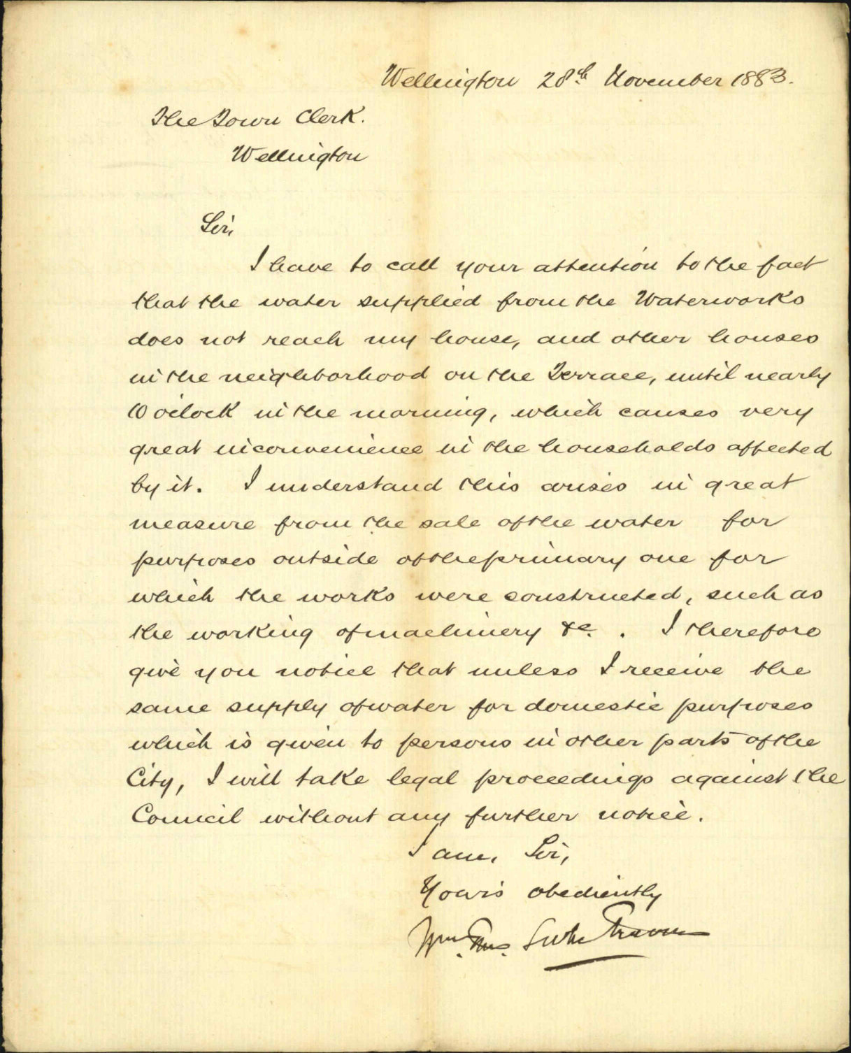 Notice of legal proceedings in consequence of short supply of water - W J L Travers