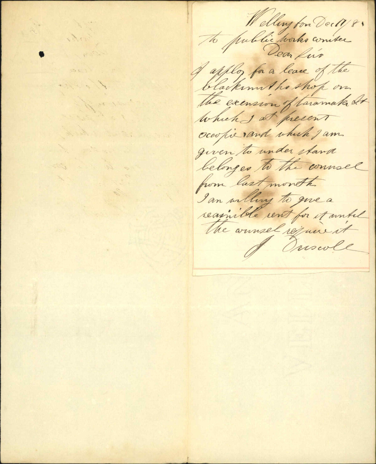 Application to lease blacksmiths shop in Tarananki Street - J Driscoll