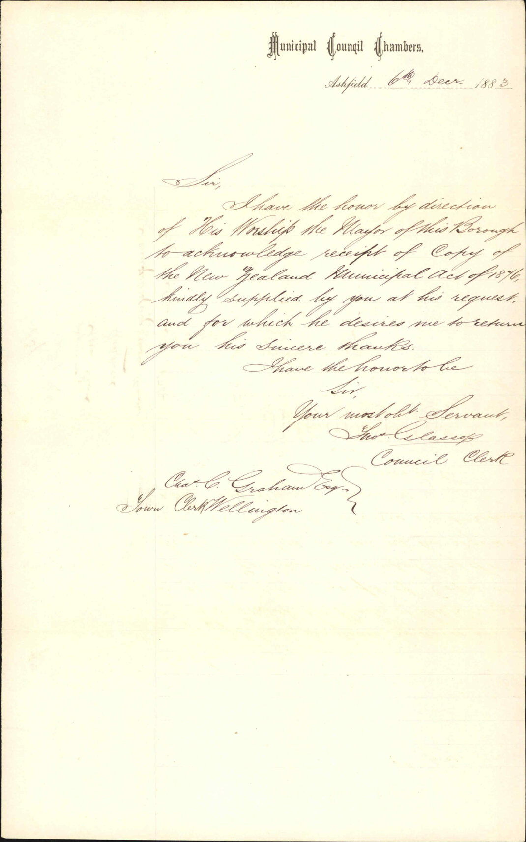Acknowledging with thanks copy of Municipal Act 1876 - Town Clerk Ashfield, NSW