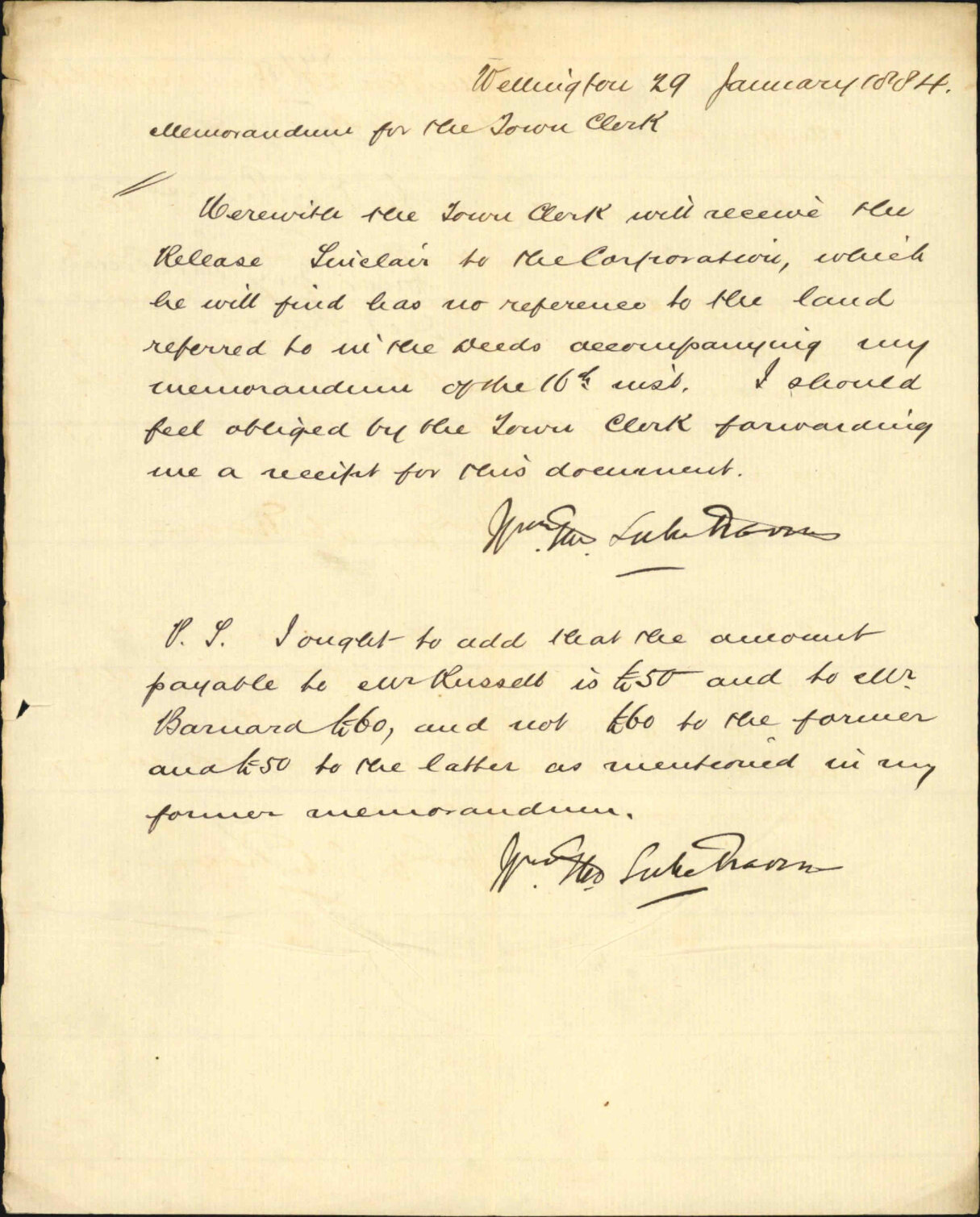 Forwarding Sinclair's deed of release of 1882 - W T L Travers