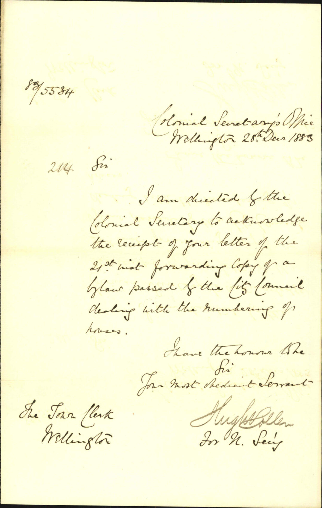 Acknowledging receipt of bylaw regarding numbering of houses - Colonial Secretary